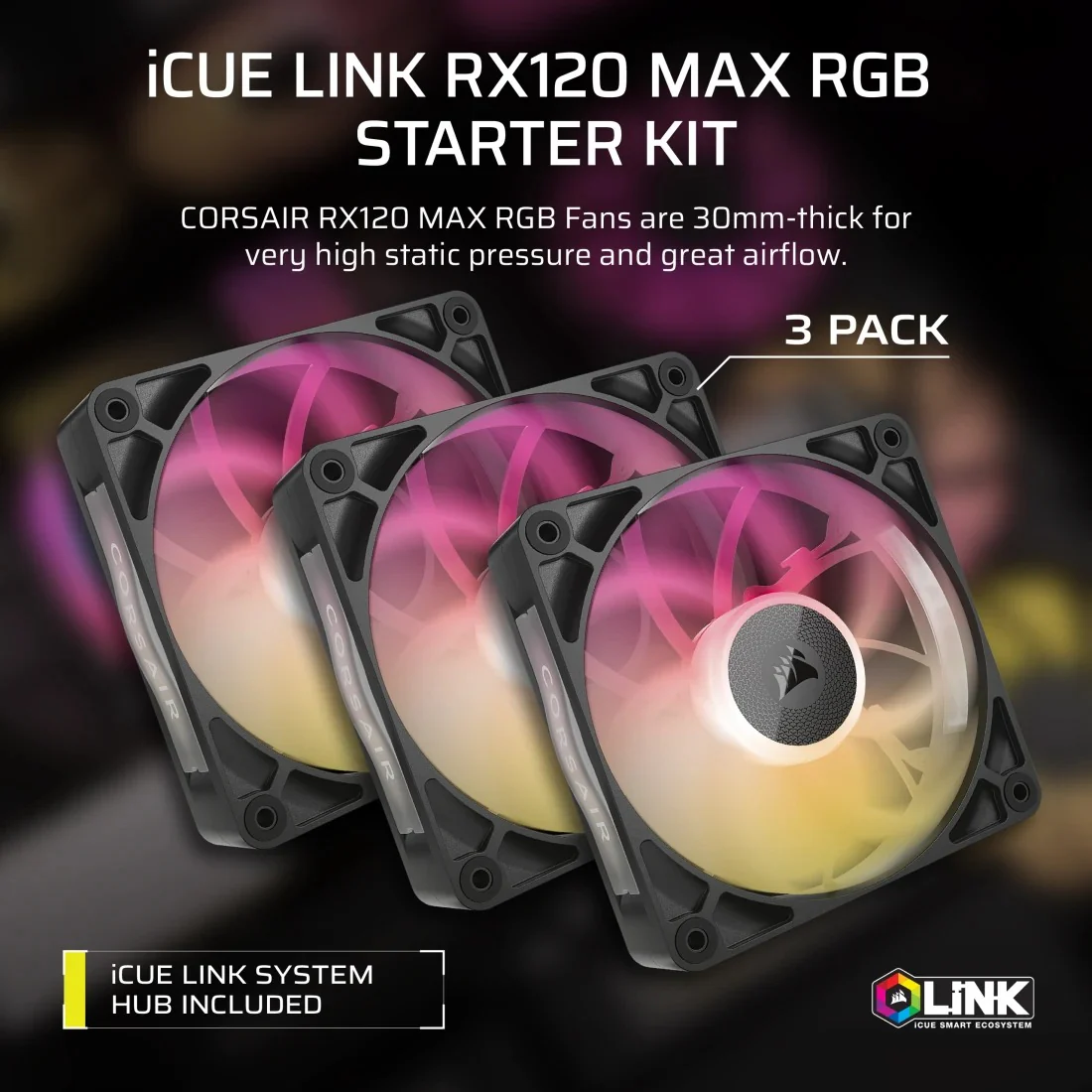 Corsair iCUE Link RX120 MAX RGB 120mm PWM Thick Fans Starter Kit - Triple Pack (Black) (CO-9051034-WW) - Image 2