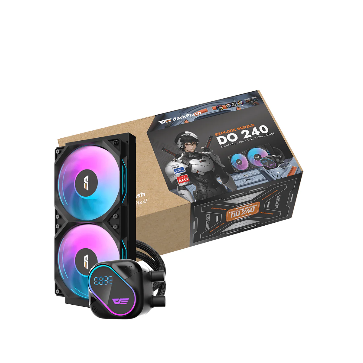 DarkFlash Explore DO 240 AIO 240mm Liquid CPU Cooler with Digital Screen Temperature (Black, White) - Image 5