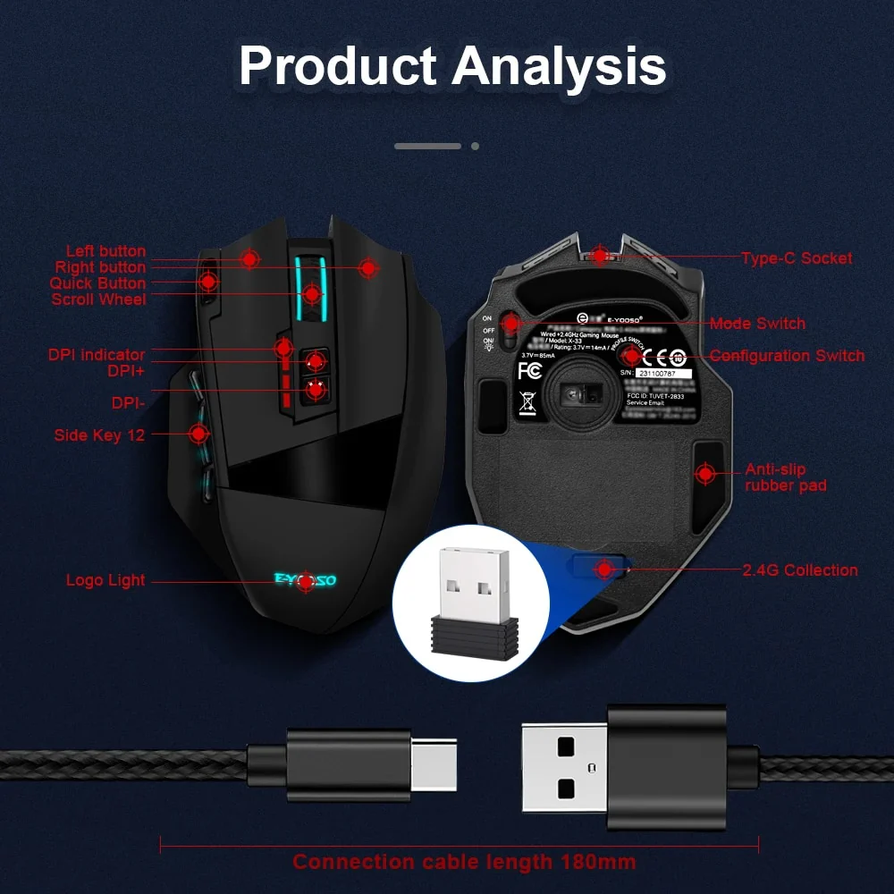 E-Yooso X-33 RGB Wireless Gaming Mouse (Black, White) - Image 6
