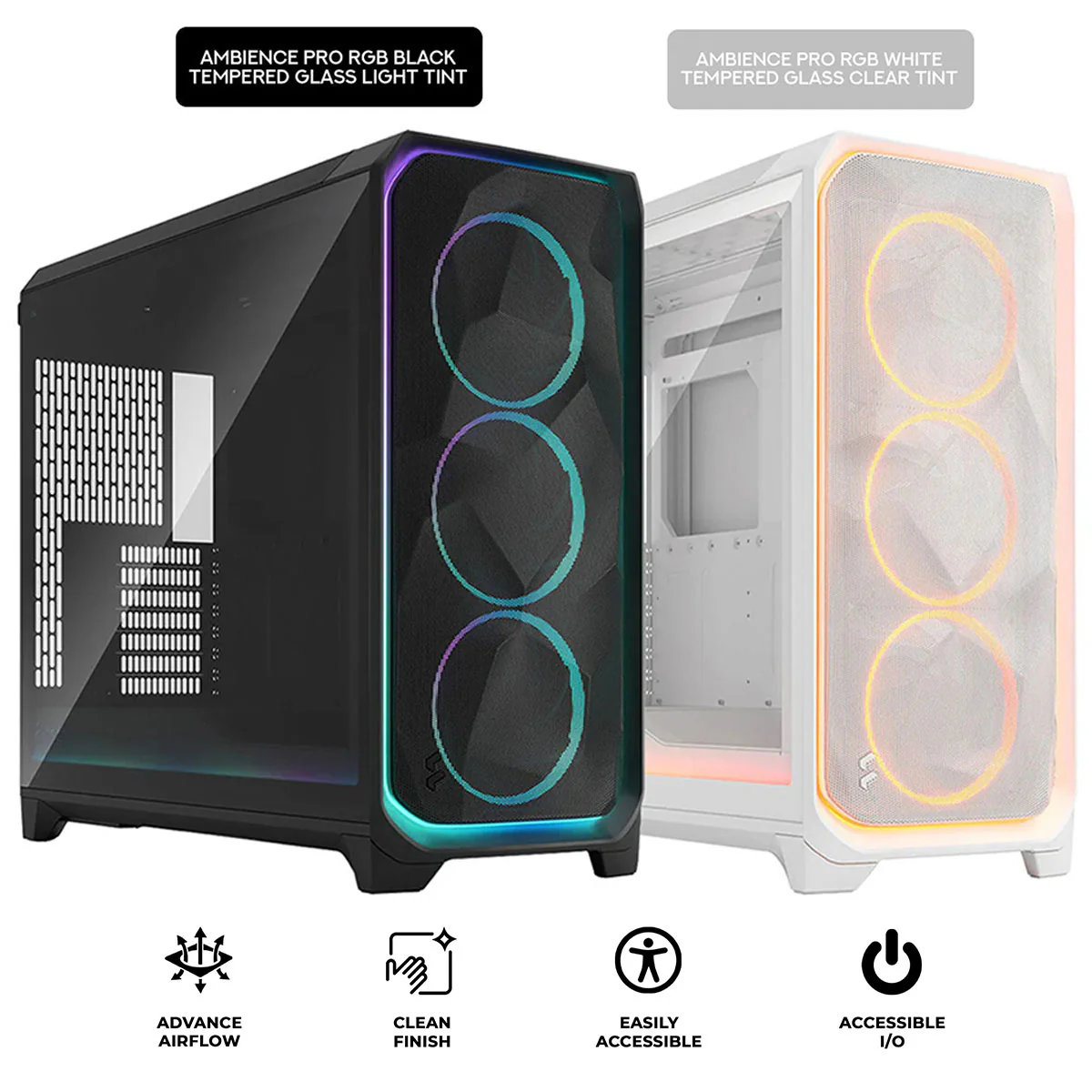 Fractal Design Meshify 3 XL Computer Case (Ambience Pro RGB Black Tempered Glass Light Tint, Ambience Pro RGB White Tempered Glass Clear Tint)