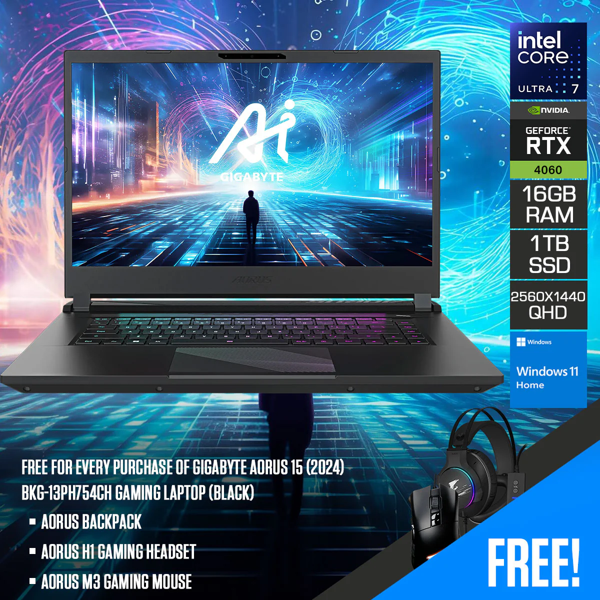 GIGABYTE AORUS 15 (2024) BKG-13PH754CH Gaming Laptop (Black) | 15.6" QHD (2560X1440) 165Hz | Ultra 7 155H | 16GB RAM | 1TB SSD | RTX 4060 | Windows 11 Home | Aorus Backpack | Aorus H1 Gaming Headset | Aorus M3 Gaming Mouse