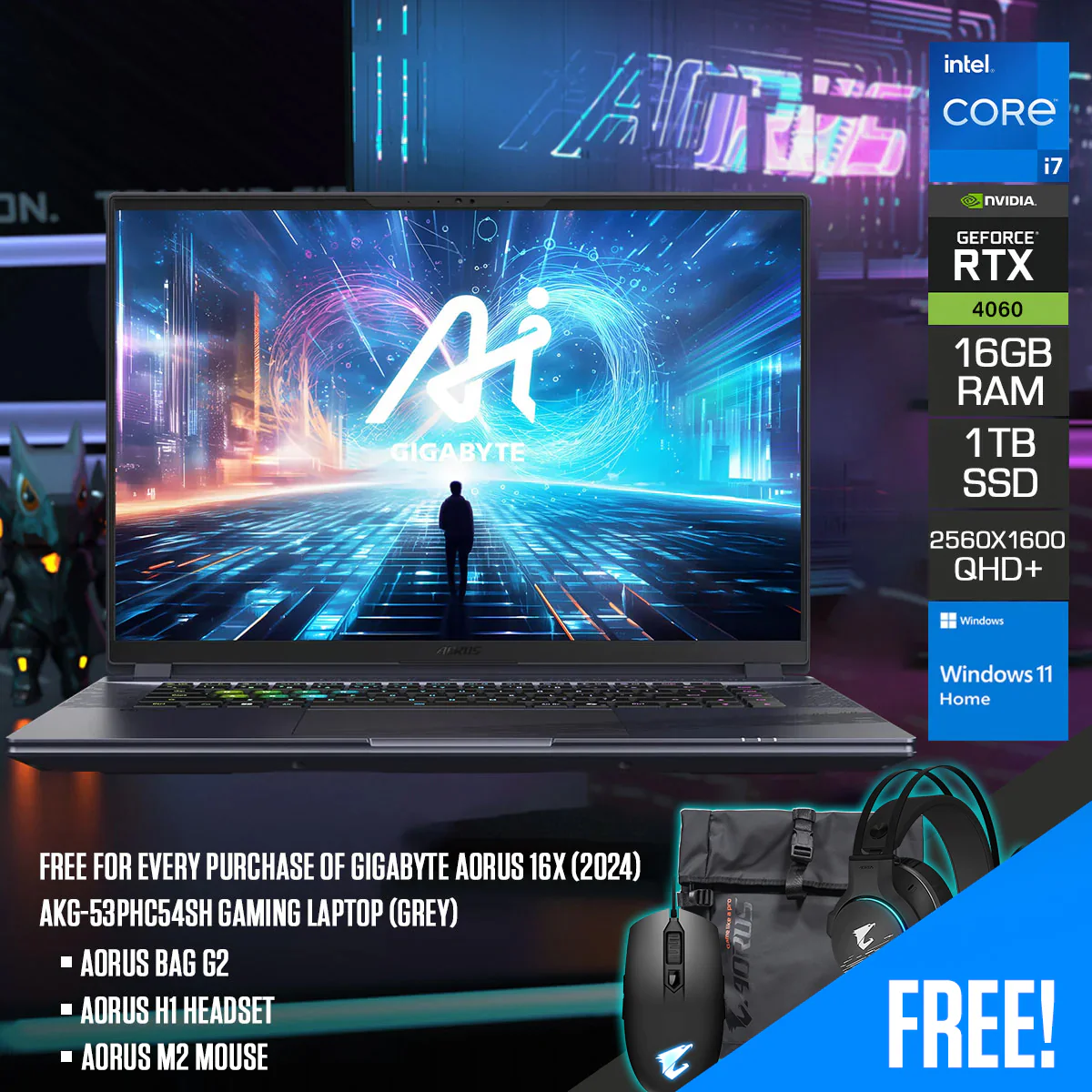 Gigabyte Aorus 16X (2024) AKG-53PHC54SH Gaming Laptop (Grey) | 16" QHD+ 165Hz | i7-14650HX | 16GB RAM | 1TB SSD | RTX 4060 | Windows 11 Home| Aorus Bag G2 | Aorus H1 Headset | Aorus M2 Mouse