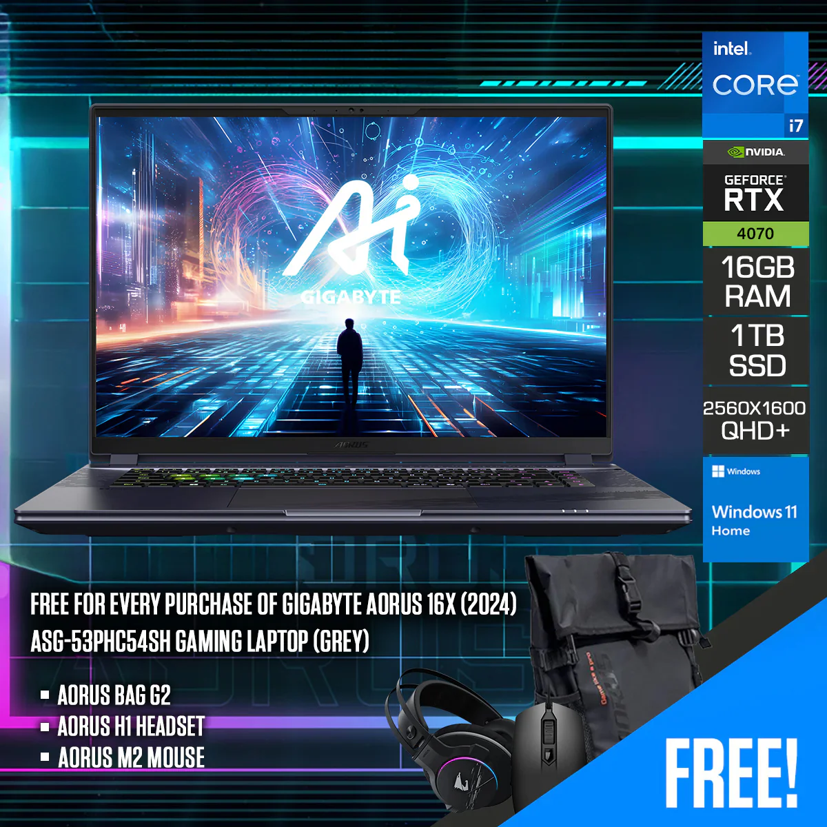 Gigabyte Aorus 16X (2024) ASG-53PHC54SH Gaming Laptop (Grey) | 16" QHD+ 165Hz | i7-14650HX | 16GB RAM | 1TB SSD | RTX 4070 | Windows 11 Home | Aorus Bag G2 | Aorus H1 Headset | Aorus M2 Mouse