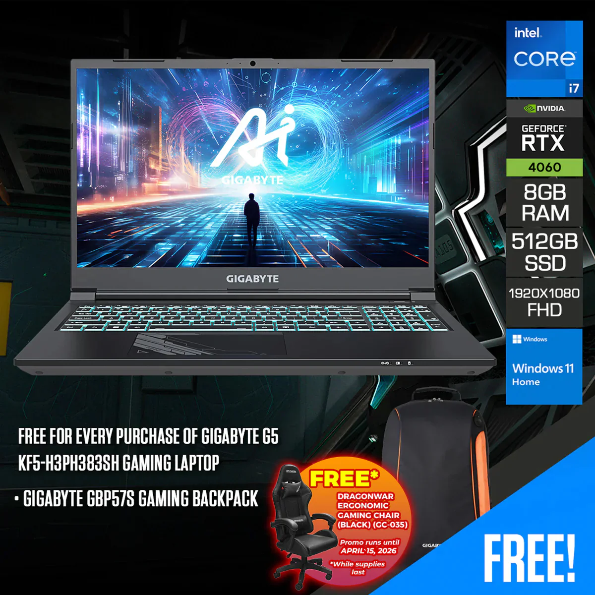 Gigabyte G5 KF5-H3PH383SH Gaming Laptop | 15.6" FHD (1920X1080) 144HZ | i7-13620H | 8GB RAM | 512GB SSD | RTX 4060 | Windows 11 Home | Gigabyte GBP57S Gaming Backpack