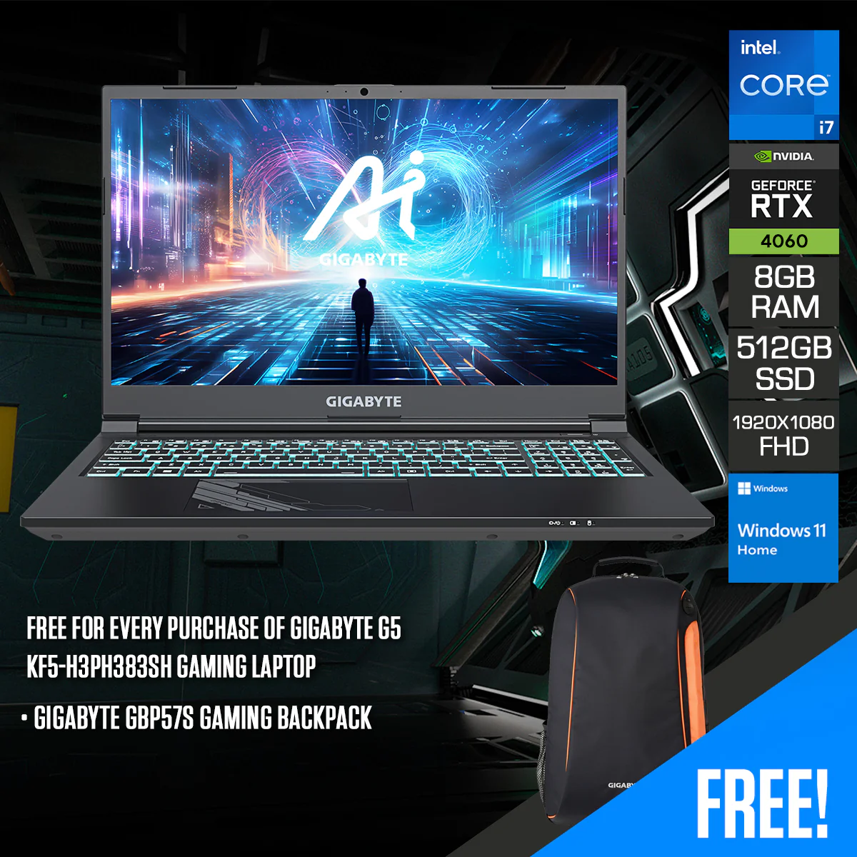 Gigabyte G5 KF5-H3PH383SH Gaming Laptop | 15.6" FHD (1920X1080) 144HZ | i7-13620H | 8GB RAM | 512GB SSD | RTX 4060 | Windows 11 Home | Gigabyte GBP57S Gaming Backpack - Image 2