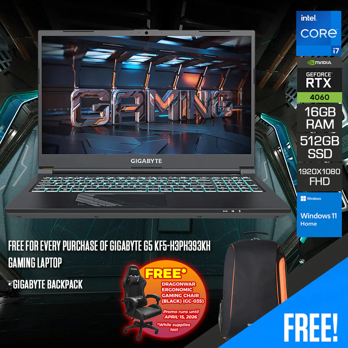 Gigabyte G5 KF5-H3PH393KH Gaming Laptop | 15.6" FHD (1920x1080) 144Hz | i7-13620H | 16GB RAM | 512GB SSD | RTX 4060 | Windows 11 Home | Gigabyte Backpack