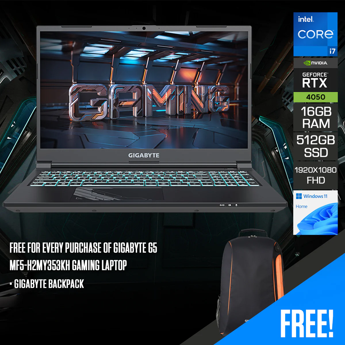 Gigabyte G5 MF5-H2MY353KH Gaming Laptop | 15.6" FHD (1920x 1080) 144Hz | i7-13620H  16GB RAM | 512GB SSD | RTX 4050 | Windows 11 Home + Gigabyte Backpack