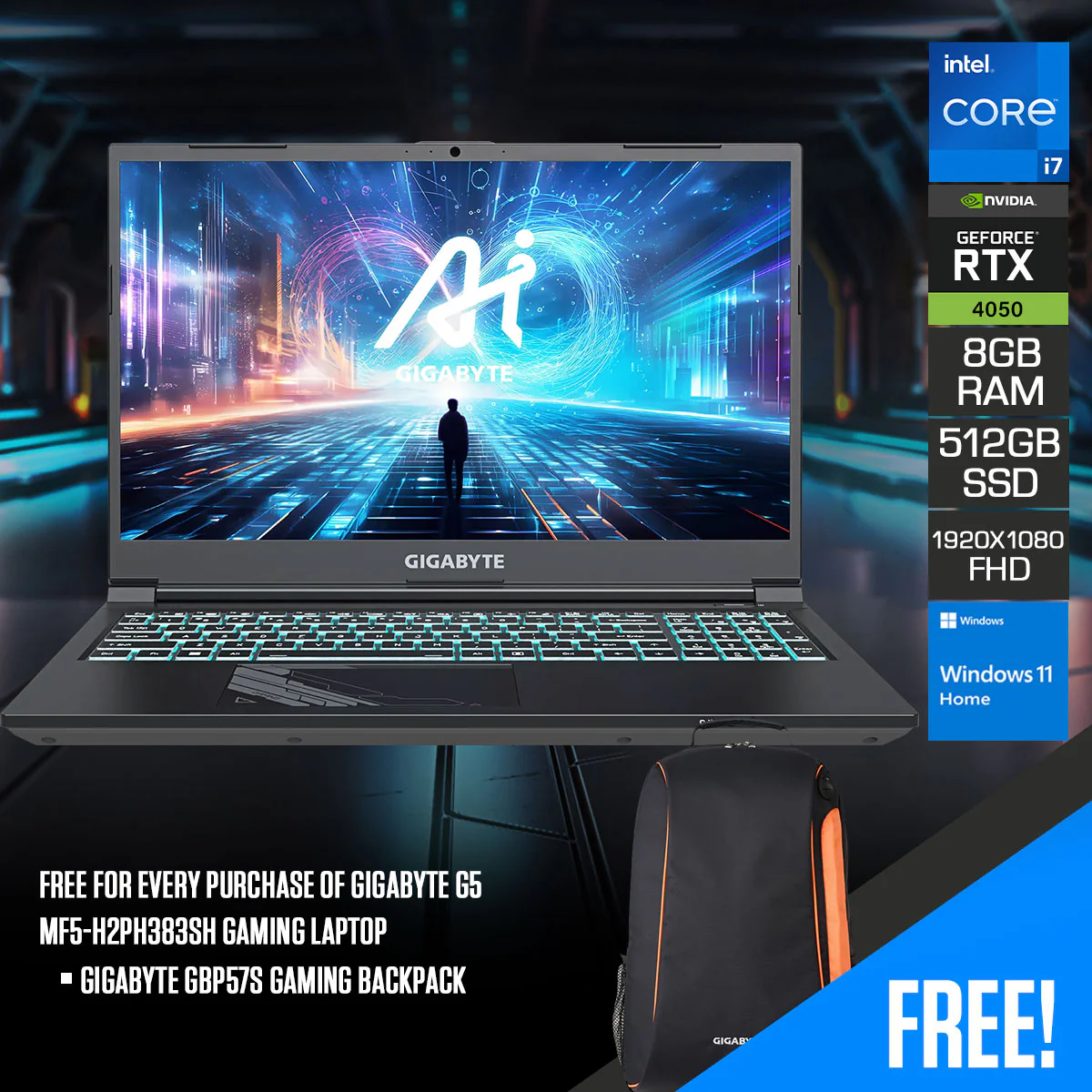 Gigabyte G5 MF5-H2PH383SH  Gaming Laptop | 15.6" FHD (1920X1080) 144HZ | I7-13620H | 8GB RAM | 512GB SSD | RTX 4050 | Windows 11 Home | Gigabyte GBP57S Gaming Backpack