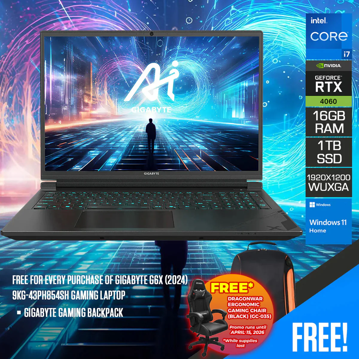 Gigabyte G6X (2024) 9KG-43PH854SH Gaming Laptop | 16" FHD+ (1920x1200) 165Hz | i7-13650HX | 16GB RAM | 1TB SSD | RTX 4060 | Windows 11 Home | Gigabyte Gaming Backpack