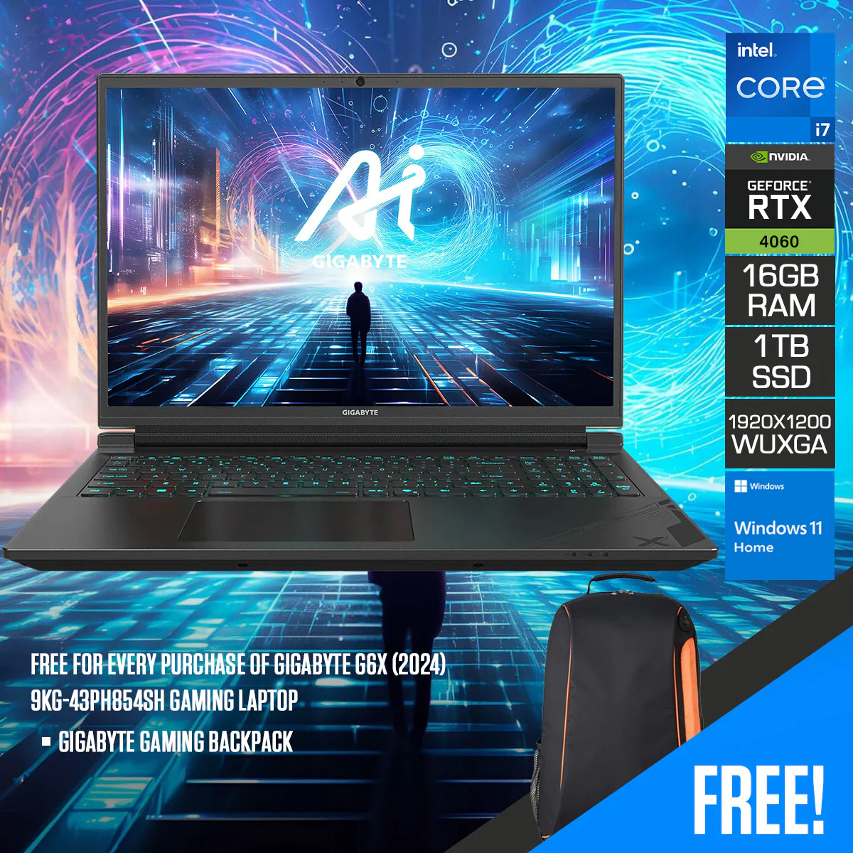 Gigabyte G6X (2024) 9KG-43PH854SH Gaming Laptop | 16" FHD+ (1920x1200) 165Hz | i7-13650HX | 16GB RAM | 1TB SSD | RTX 4060 | Windows 11 Home | Gigabyte Gaming Backpack - Image 2