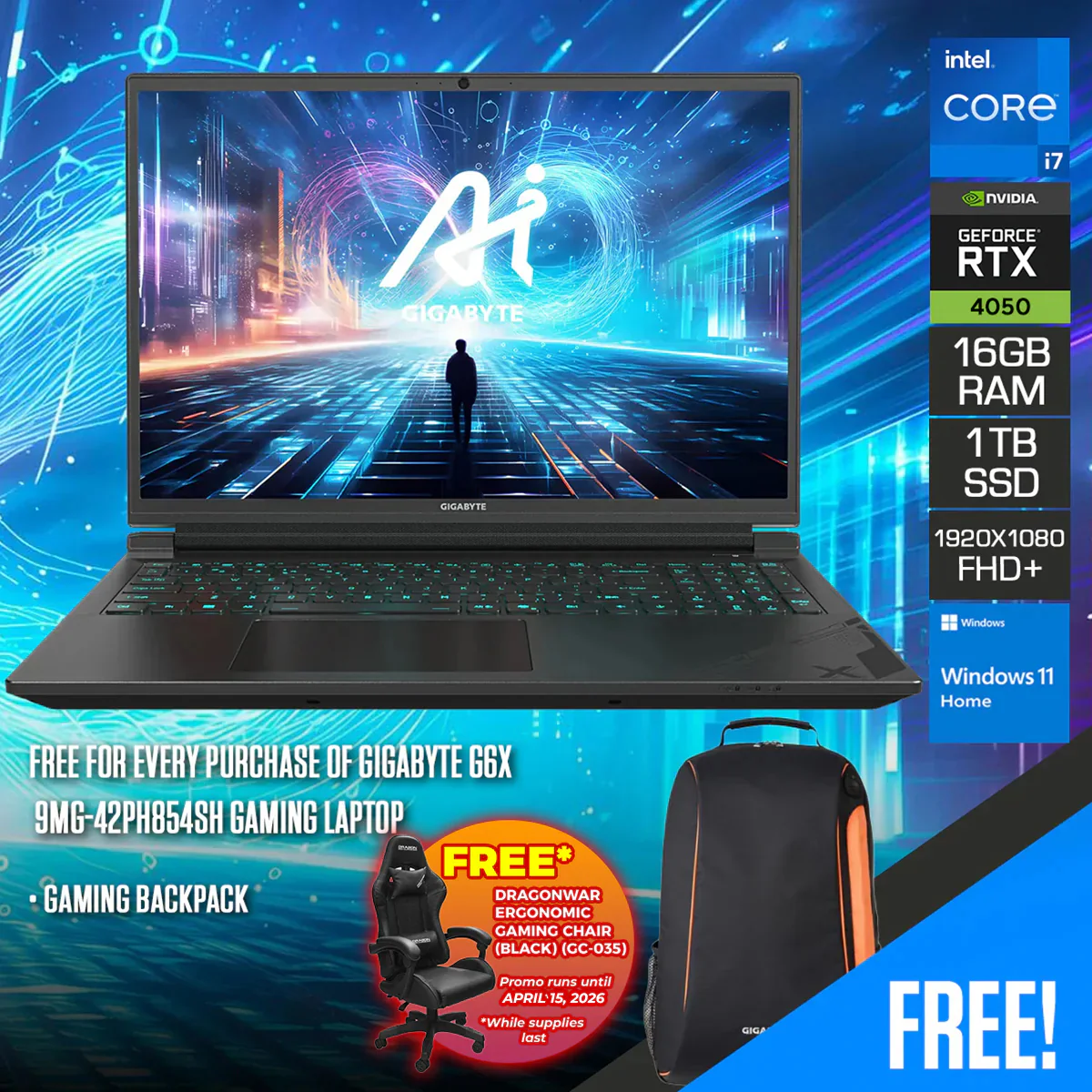 Gigabyte G6X 9MG-42PH854SH Gaming Laptop | 16" FHD+ (1920X1200) 165Hz | i7-13650HX | 16GB RAM | 1TB SSD | RTX 4050 | Windows 11 Home + Gaming Backpack