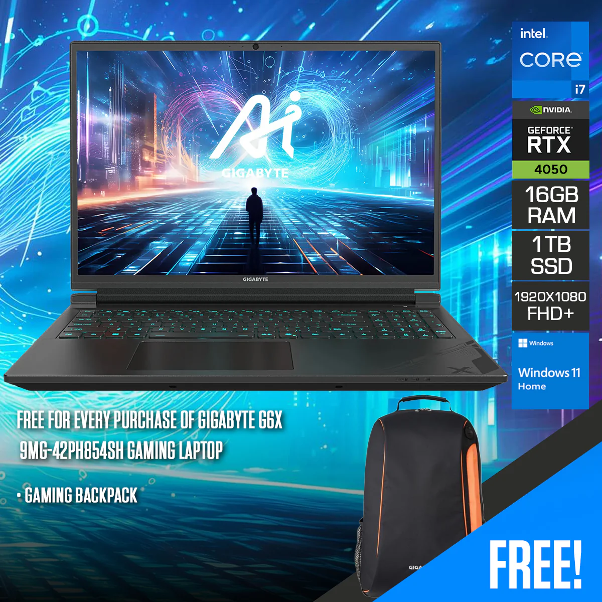 Gigabyte G6X 9MG-42PH854SH Gaming Laptop | 16" FHD+ (1920X1200) 165Hz | i7-13650HX | 16GB RAM | 1TB SSD | RTX 4050 | Windows 11 Home + Gaming Backpack - Image 2