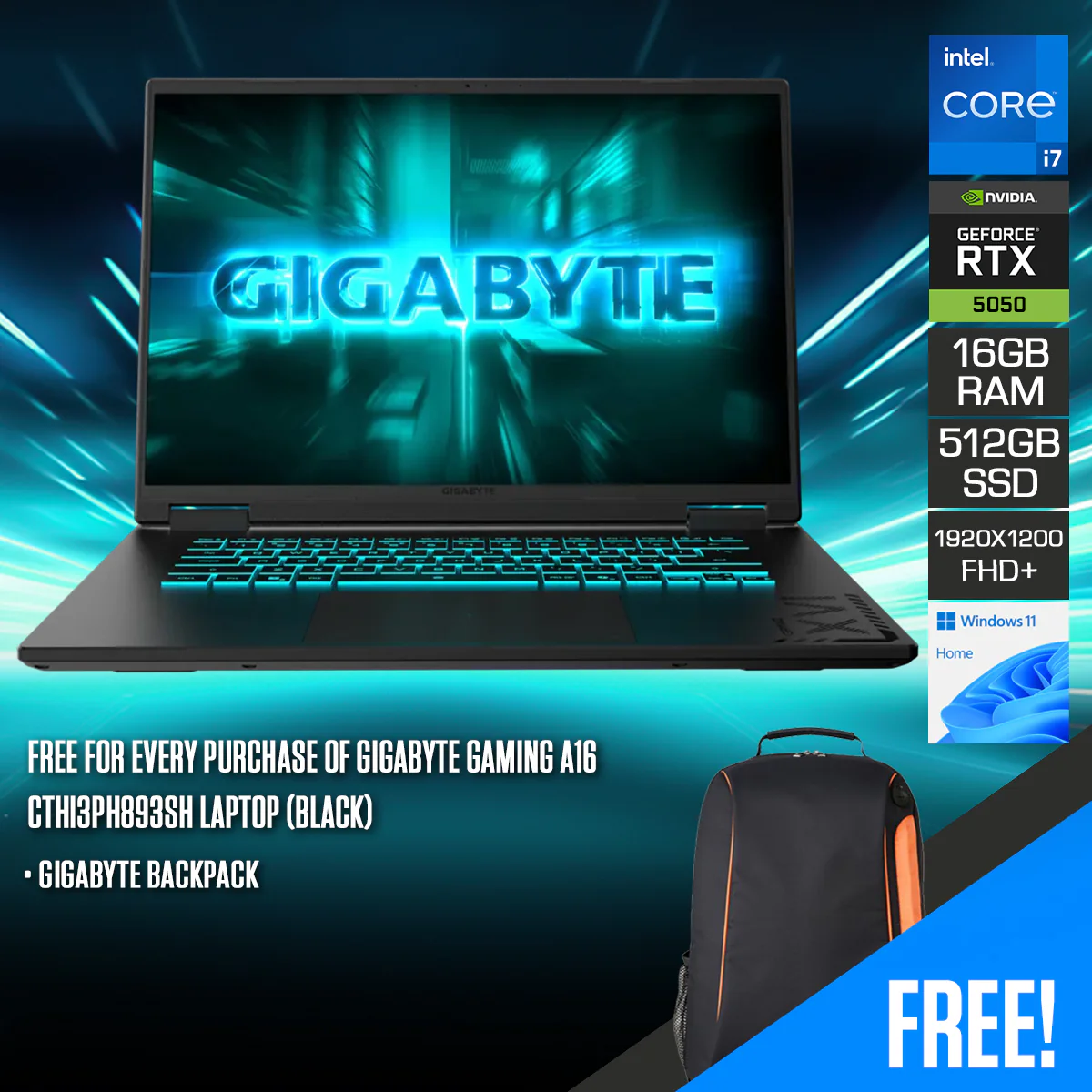 Gigabyte Gaming A16 CTHI3PH893SH Laptop (Black) | 16" FHD+ (1920x1200) 165Hz IPS | Core i7-13620H | 16GB RAM | 512GB SSD | RTX 5050 | Windows 11 Home | Gigabyte Backpack