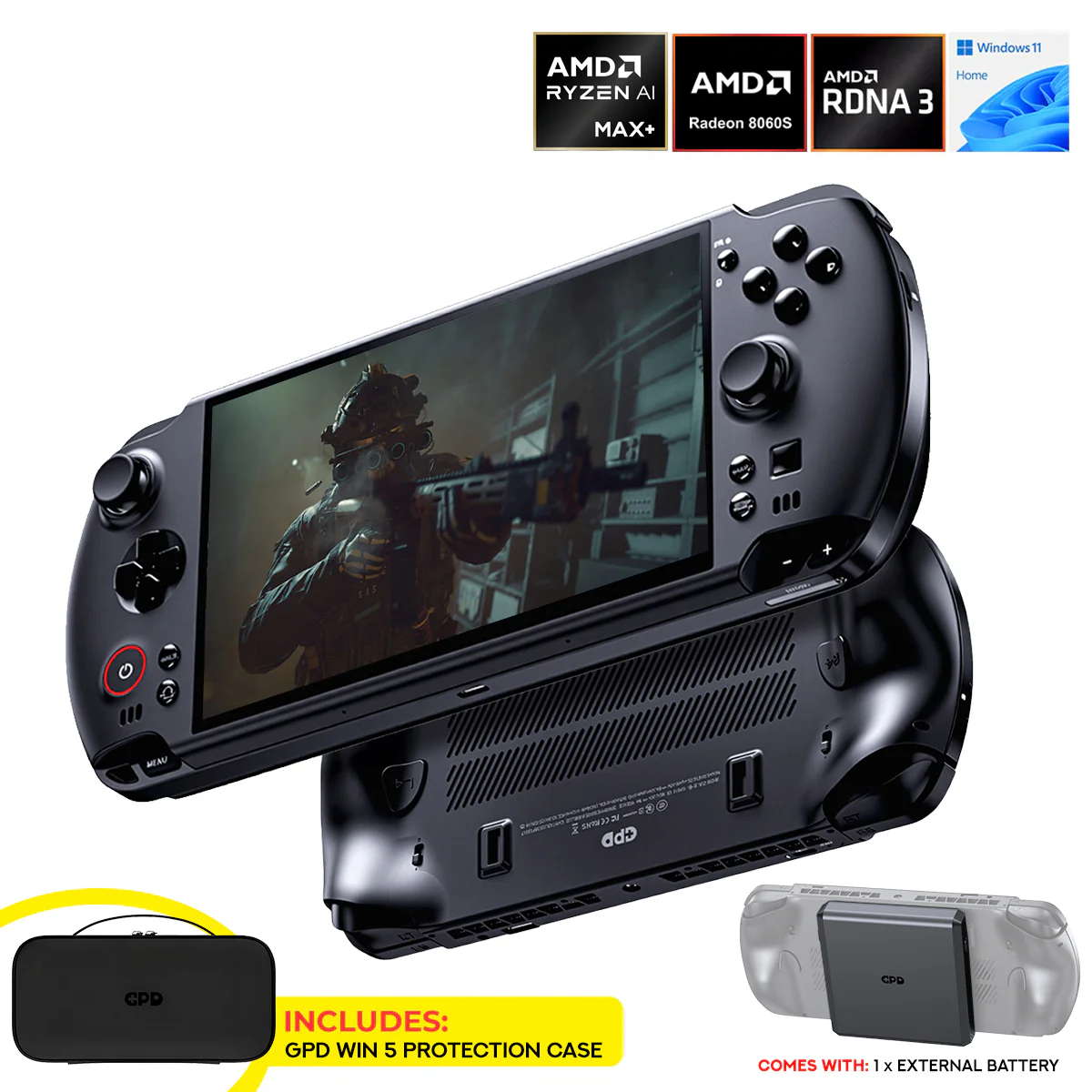 GPD Win 5 AMD Ryzen AI Max+ 395 7" (1920x1080) 120Hz Gaming Display 32GB RAM LPDDR5X-8000MT/S + 2TB SSD AMD Radeon 8060S (RDNA3.5) Windows 11 Handheld Gaming Console (Black) + GPD Win 5 Protection Case