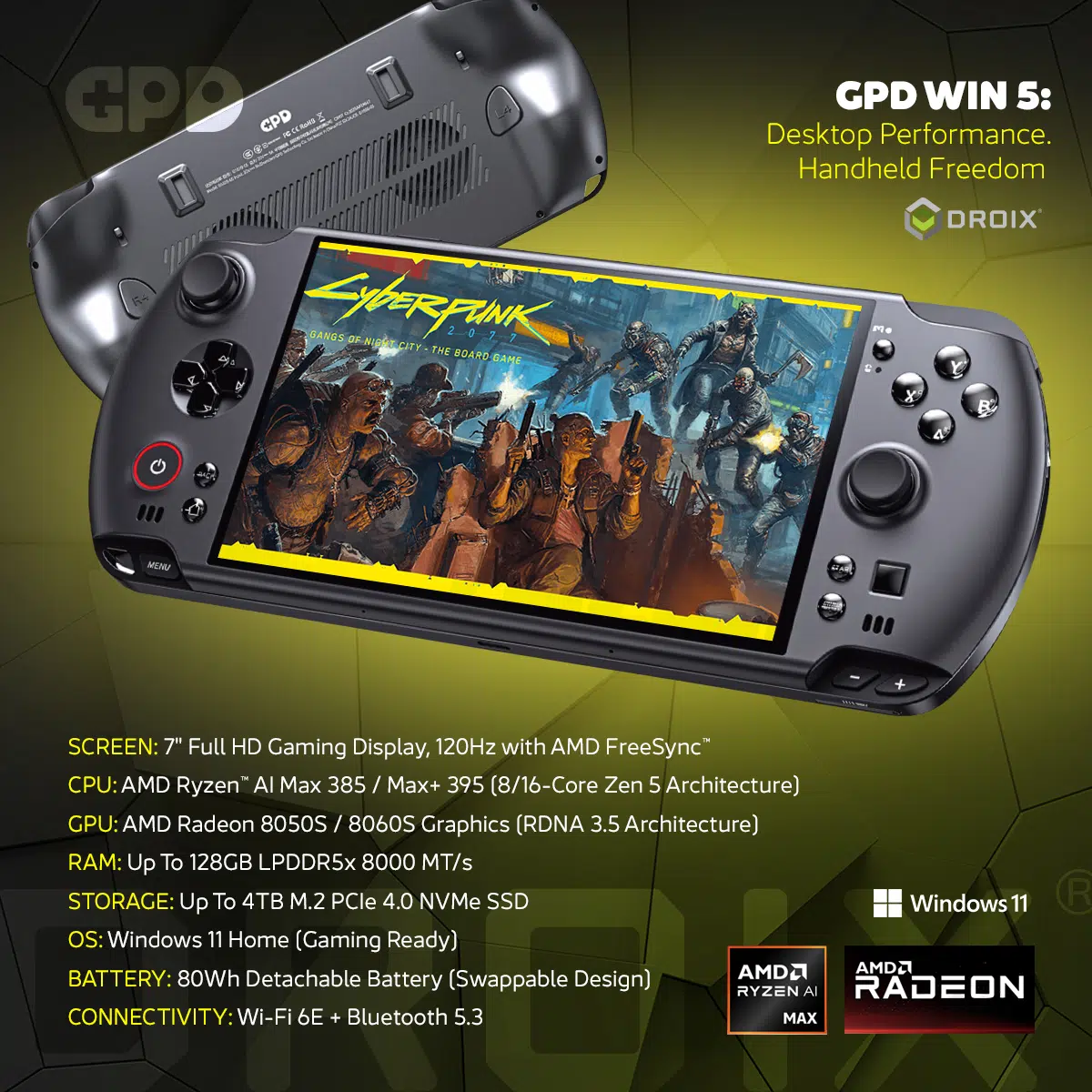 GPD Win 5 AMD Ryzen AI Max+ 395 7" (1920x1080) 120Hz Gaming Display 32GB RAM LPDDR5X-8000MT/S + 2TB SSD AMD Radeon 8060S (RDNA3.5) Windows 11 Handheld Gaming Console (Black) + GPD Win 5 Protection Case - Image 2