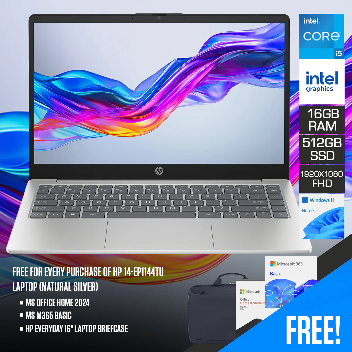 HP 14-EP1144TU Laptop (Natural Silver) | 14" FHD (1920x1080) | Core 5-120U | 16B RAM | 512GB SSD | Integrated Intel Graphics | Windows 11 Home | MS Office Home 2024 + MS M365 Basic + HP Everyday 16" Laptop Briefcase
