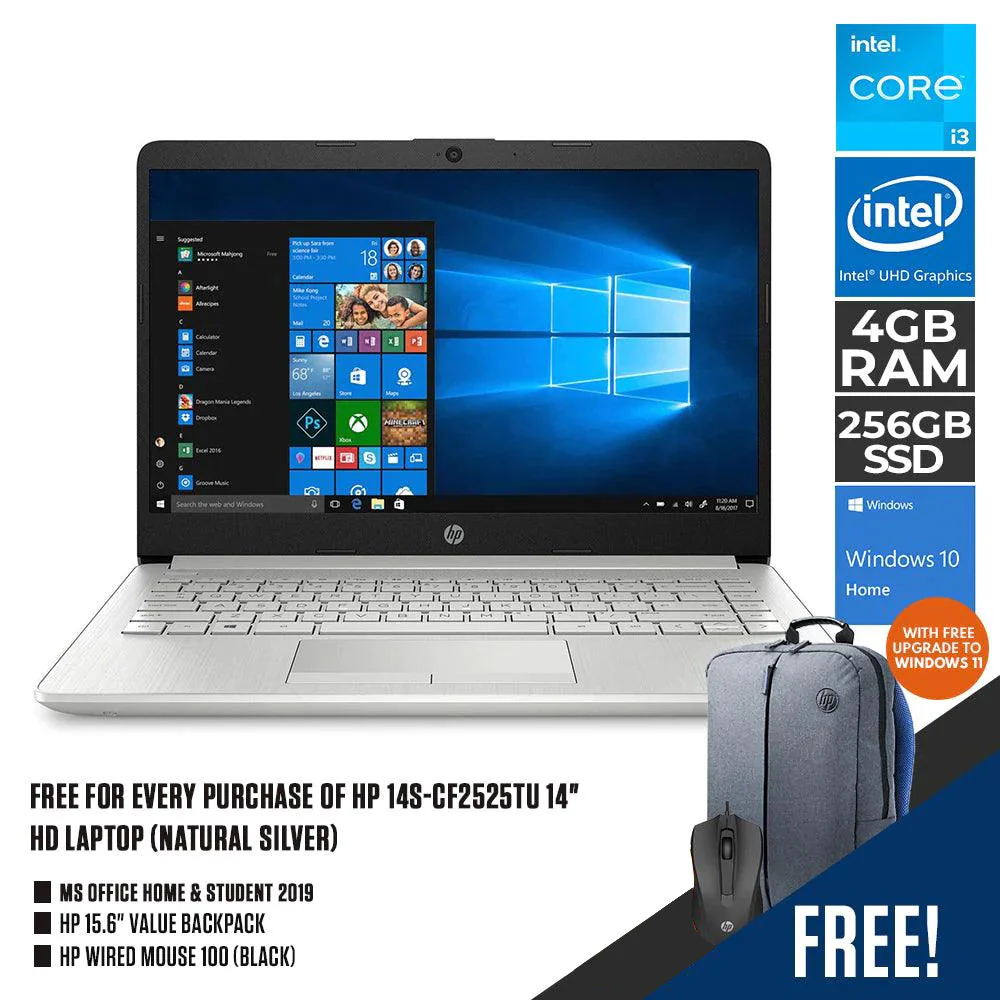 HP 14S-CF2525TU LAPTOP (NATURAL SILVER) | 14" HD | i3-10110U | 4 GB DDR4 | 256 GB SSD | UHD GRAPHICS |  WIN10 + STUDENT with HP WIRED MOUSE 100 (BLACK) HP 15.6" VALUE BACKPACK