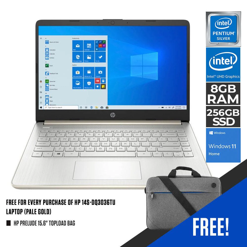 HP 14S-DQ3036TU LAPTOP (PALE GOLD) | 14” HD | PENTIUM SILVER N6000 | 8GB DDR4 | 256GB SSD | INTEL UHD | WIN11 + HP PRELUDE 15.6" TOPLOAD BAG