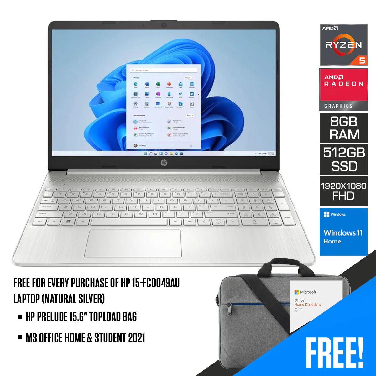 HP 15-FC0049AU Laptop (Natural Silver) | 15.6” FHD (1920 x 1080) | Ryzen™ 5 7520U | 8GB RAM | 512GB SSD | AMD Radeon™ Graphics | Windows 11 | MS Office Home & Student 2021 | HP Prelude 15.6” Topload Bag