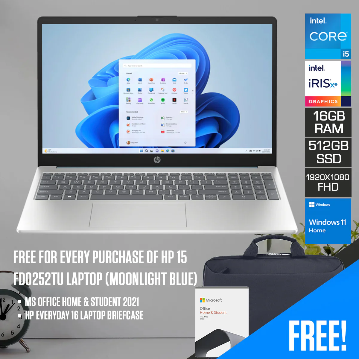 HP 15-FD0252TU Laptop (Moonlight Blue) | 15.6 FHD (1920X1080) | I5-1334U | 16GB RAM | 512GB SSD | Intel Iris Xe Graphics | Windows 11 Home | MS Office Home & Student 2021 | HP Everyday 16 Laptop Briefcase