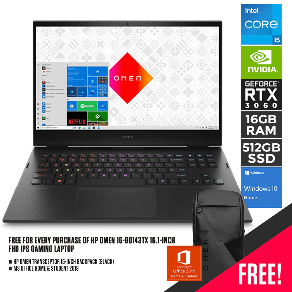 HP OMEN 16-B0143TX 16.1" FHD IPS GAMING LAPTOP |16.1" FHD | i5-11400H | 16GB / 24GB / 32GB DDR4 | 512GB SSD | RTX 3060 | WIN10 + HP OMEN TRANSCEPTOR BACKPACK (BLACK)