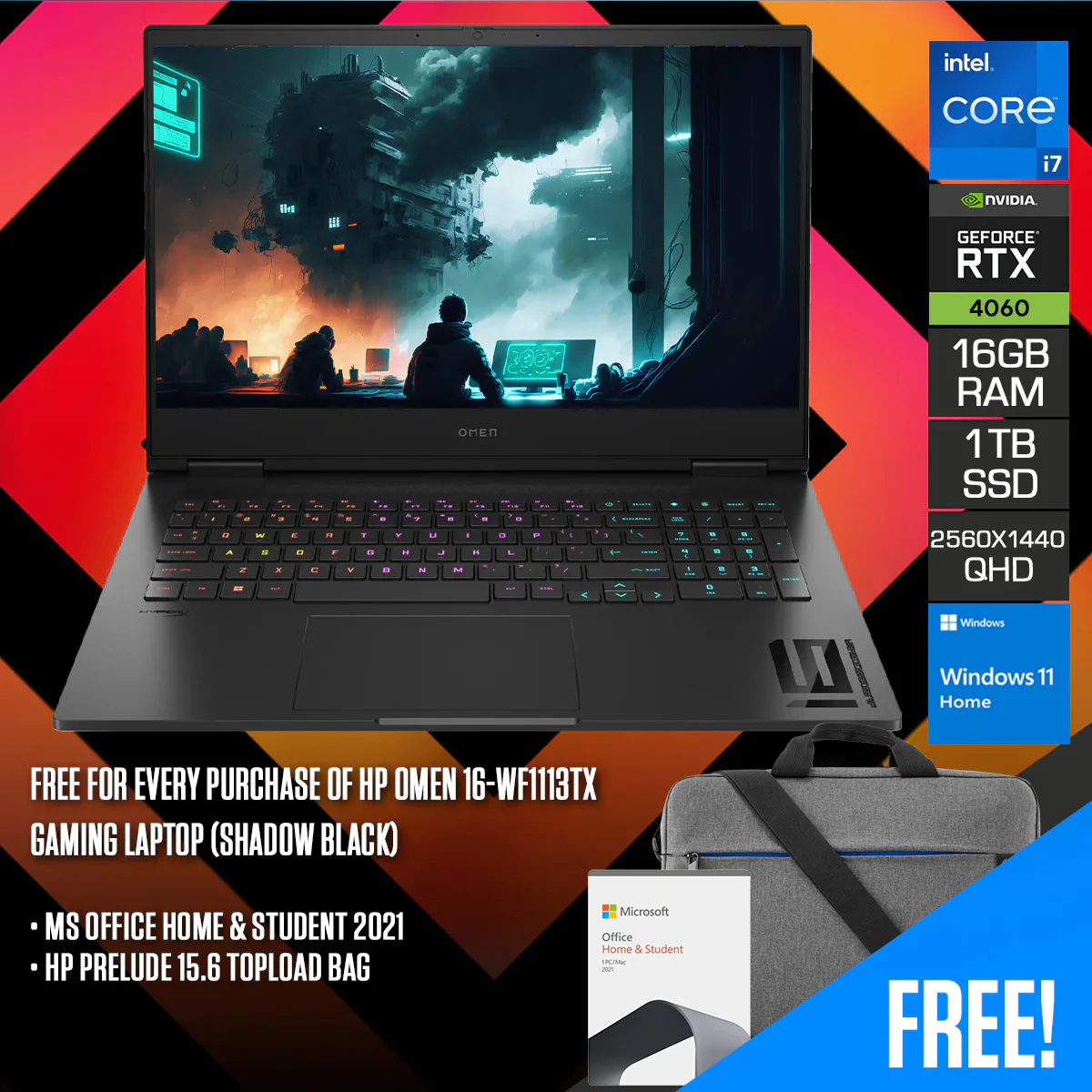 HP Omen 16-WF1113TX Gaming Laptop (Shadow Black) | 16.1" QHD (2560x1440) 240Hz IPS | i7-14700HX | 16GB RAM | 1TB SSD | RTX 4060 | Windows 11 Home | MS Office Home & Student 2021 + HP Prelude 15.6 Topload Bag