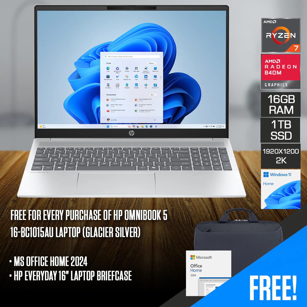 HP OmniBook 5 16-bc1015AU Laptop (Glacier Silver) | 16" 2K (1920x1200) IPS | Ryzen 7 8840U | 16GB RAM | 1TB SSD | AMD Radeon 780M Graphics | Windows 11 Home | MS Office Home 2024 + HP Everyday 16 Laptop Briefcase