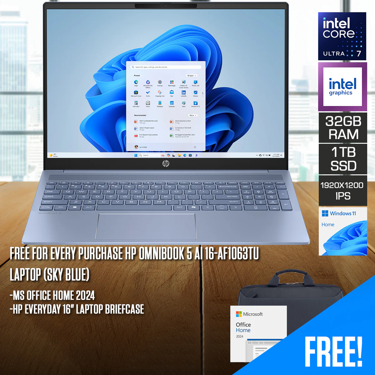 HP OmniBook 5 AI 16-af1063TU Laptop (Sky Blue) | 16.0 2K (1920x1200) Antiglare IPS 300 nits | Ultra 7 255U | 32GB RAM | 1TB SSD | Intel Graphics | Windows 11 Home | MS Office Home 2024 + HP Everyday 16" Laptop Briefcase