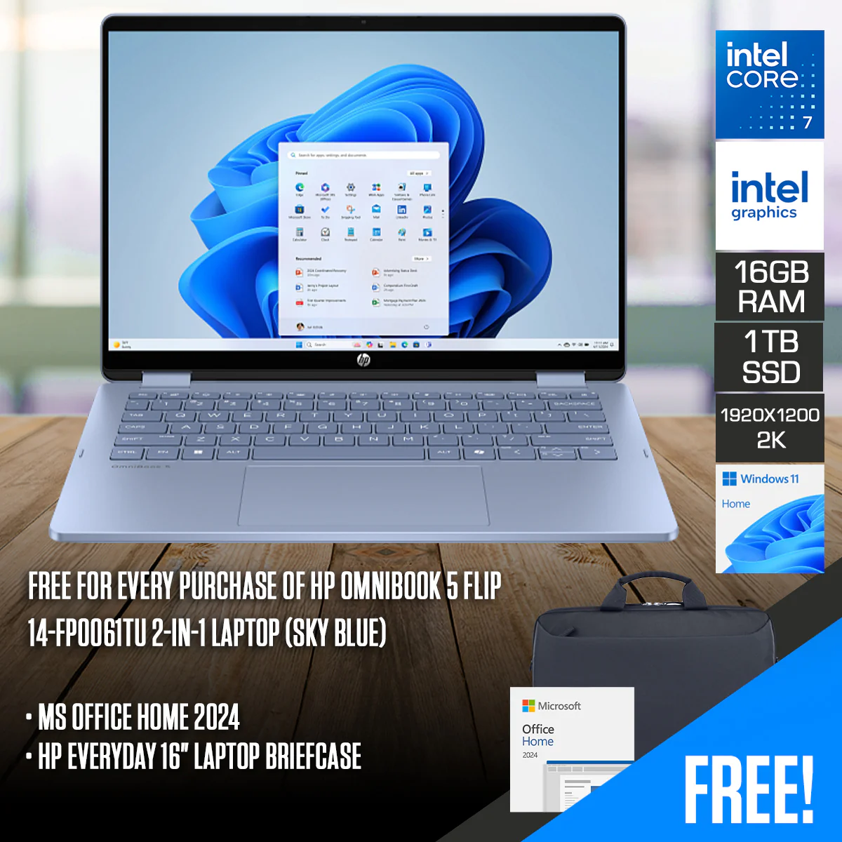 HP OmniBook 5 Flip 14-fp0061TU 2-in-1 Laptop (Sky Blue) | 14" 2K (1920x1200) IPS Touch | Core 7 150U | 16GB RAM | 1TB SSD | Intel Graphics | Windows 11 Home | MS Office Home 2024 + HP Everyday 16" Laptop Briefcase