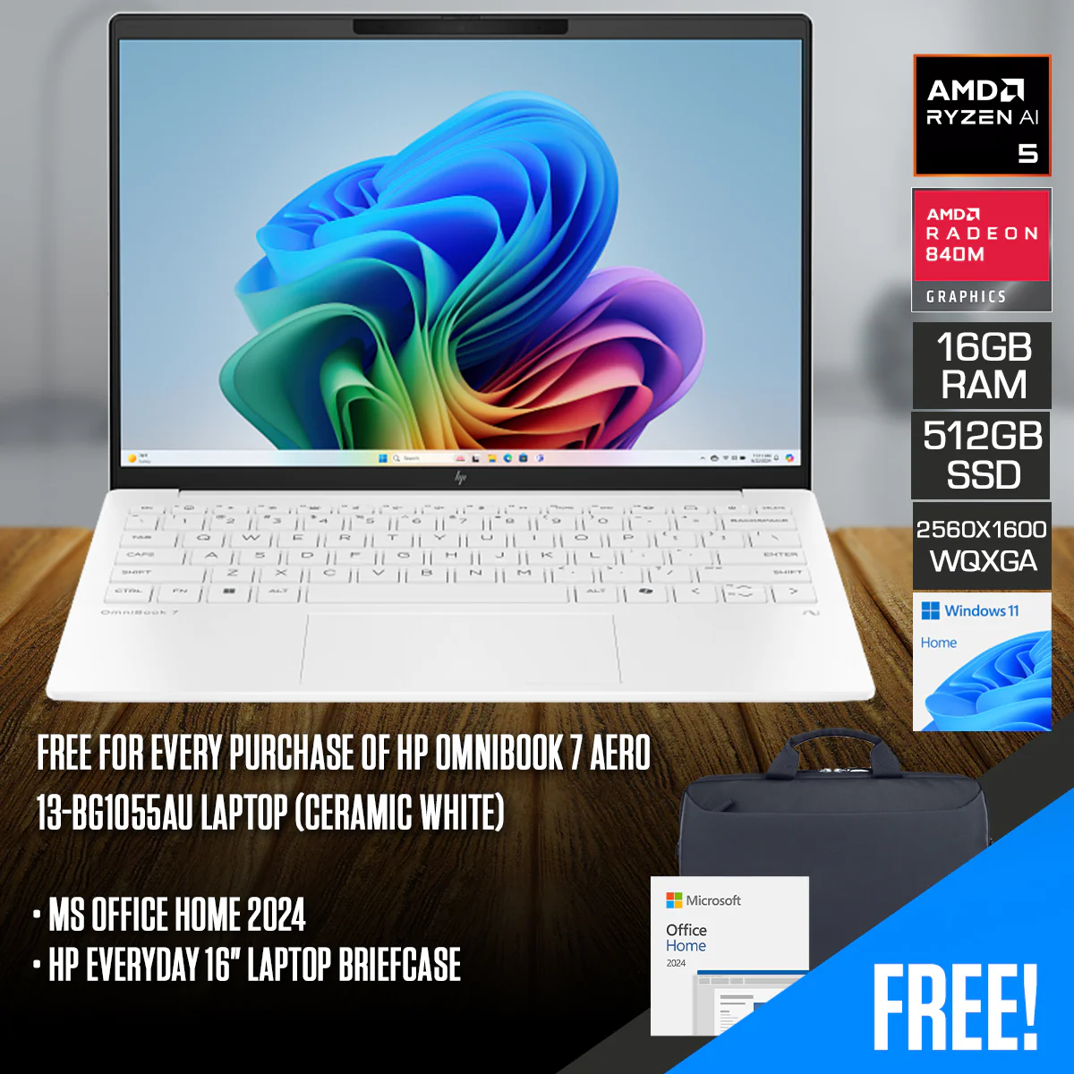 HP OmniBook 7 Aero 13-bg1055AU Laptop (Ceramic White) | 13.3" WQXGA (2560x1600) IPS | Ryzen AI 5 340 | 16GB RAM | 512GB SSD | AMD Radeon 840M Graphics | Windows 11 Home | MS Office Home 2024 + HP Everyday 16" Laptop Briefcase
