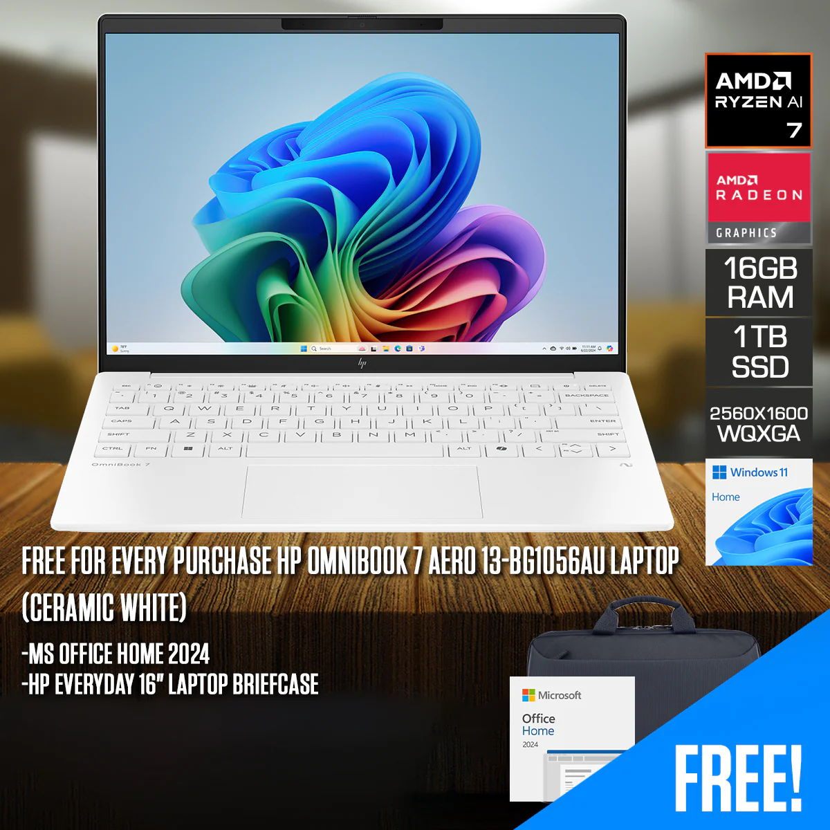 HP OmniBook 7 Aero 13-bg1056AU Laptop (Ceramic White) | 13.3" WQXGA (2560x1600) IPS | Ryzen AI 7 350 | 16GB RAM | 1TB SSD | AMD Radeon 860M Graphics | Windows 11 Home | MS Office Home 2024 + HP Everyday 16 Laptop Briefcase