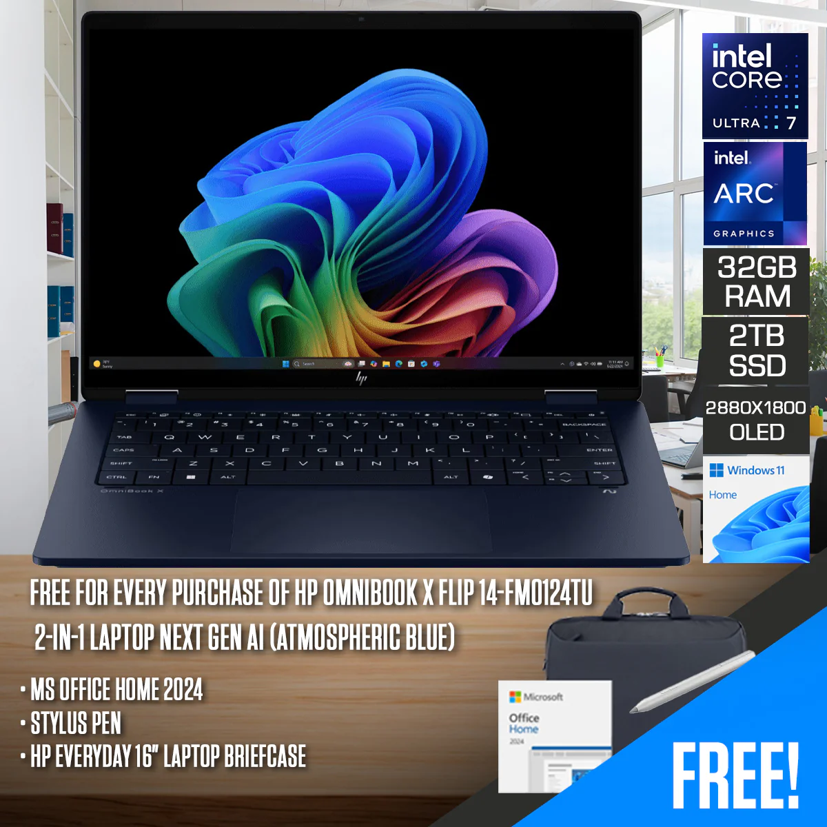 HP OmniBook X Flip 14-fm0124TU 2-in-1 Laptop Next Gen AI (Atmospheric Blue) | 14" 3K (2880x1800) OLED Touch 120Hz | Core Ultra 7 258V | 32GB RAM | 2TB SSD | Intel Arc 140V | Windows 11 Home | MS Office Home 2024+Stylus Pen+HP Everyday 16" Laptop Briefcase