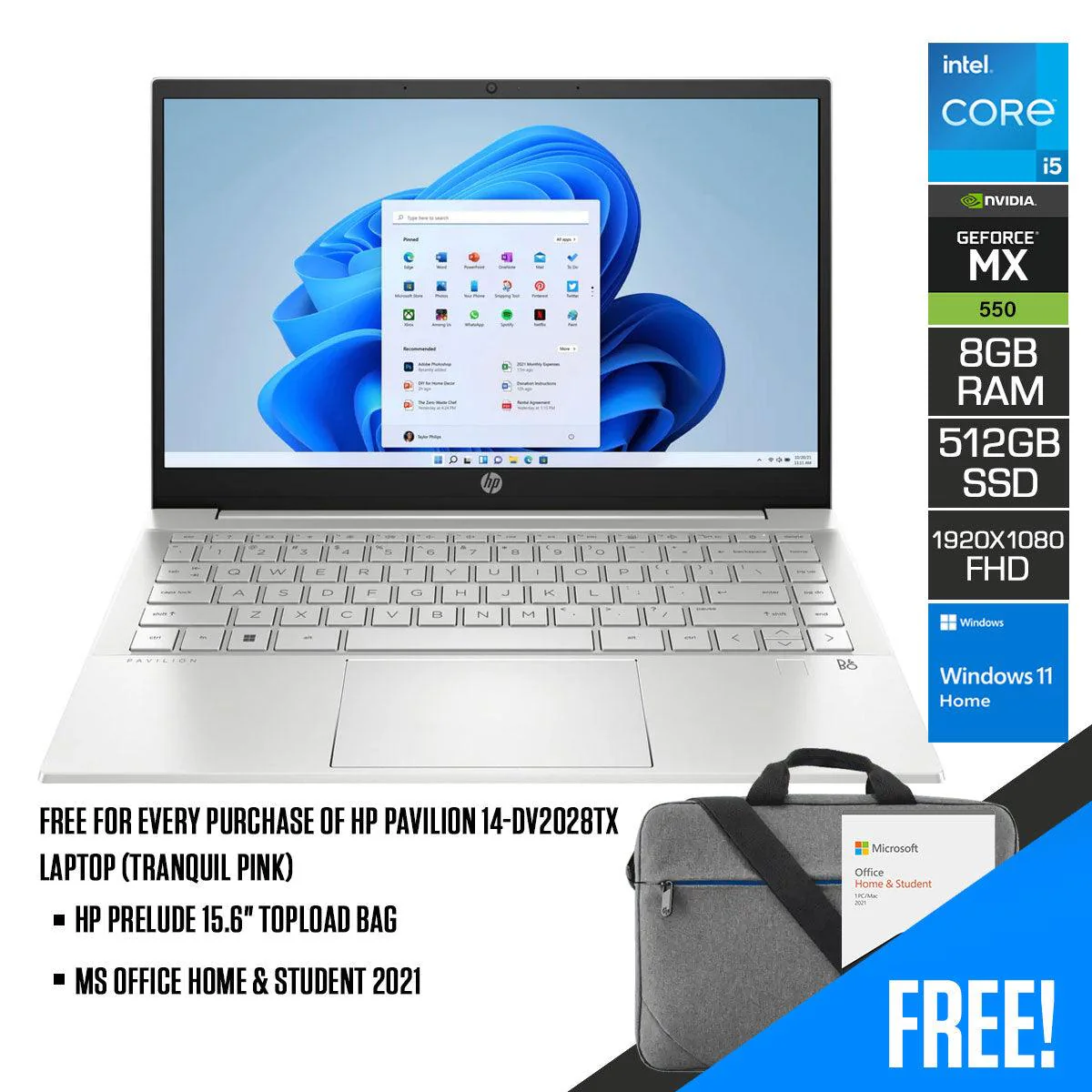 HP Pavilion 14-DV2028TX Laptop (Tranquil Pink) | 14" FHD | i5-1235U | 8GB RAM | 512GB SSD | GeForce® MX550 | Windows 11 Home | MS Office Home & Student 2021 | HP Prelude 15.6" Topload Bag