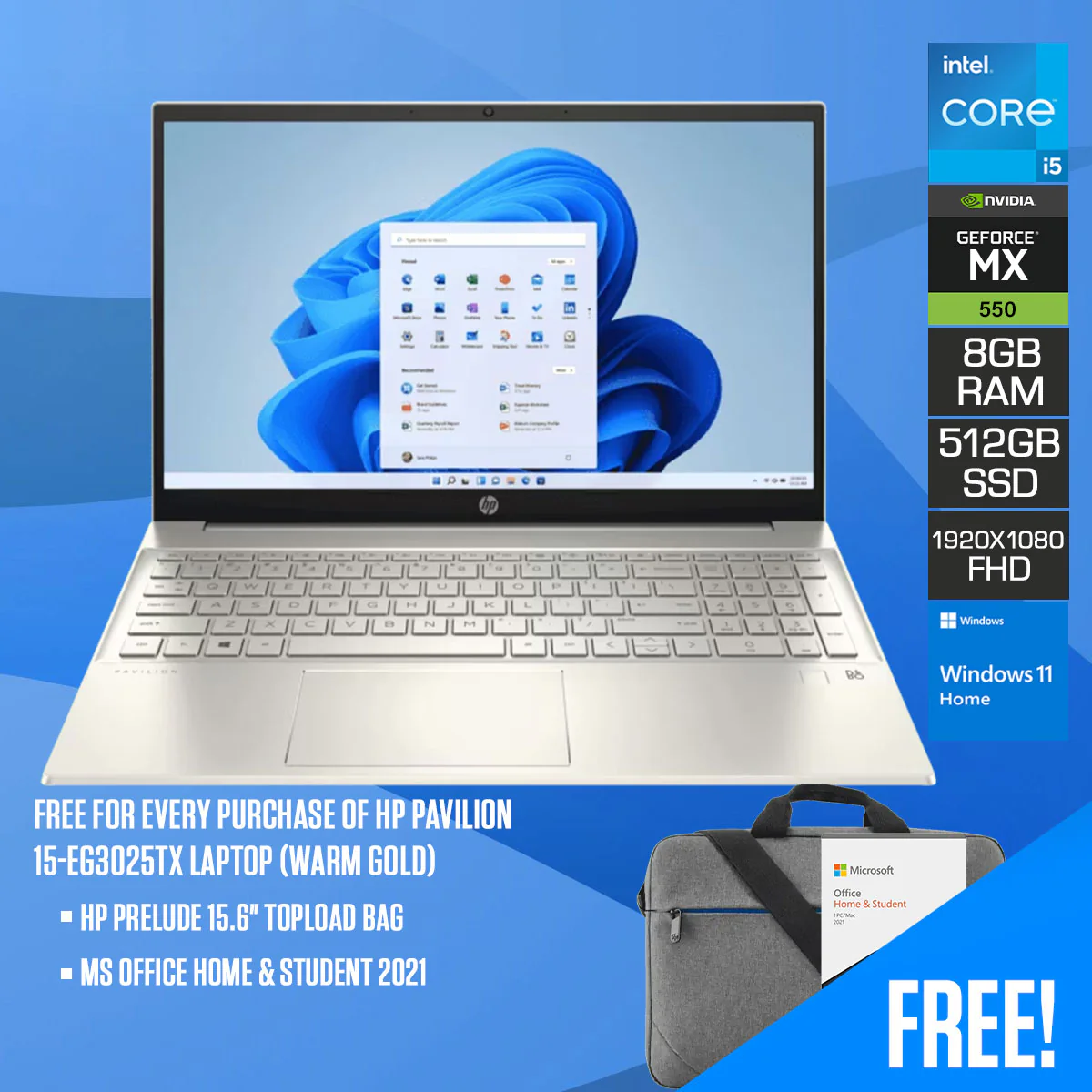 HP Pavilion 15-EG3025TX Laptop (Warm Gold) | 14" FHD (1920X1080) | I5-1335U | 8GB RAM | 512GB SSD | Nvidia GeForce MX550 | Windows 11 Home | MS Office Home & Student 2021 | HP Prelude 15.6" Topload Bag