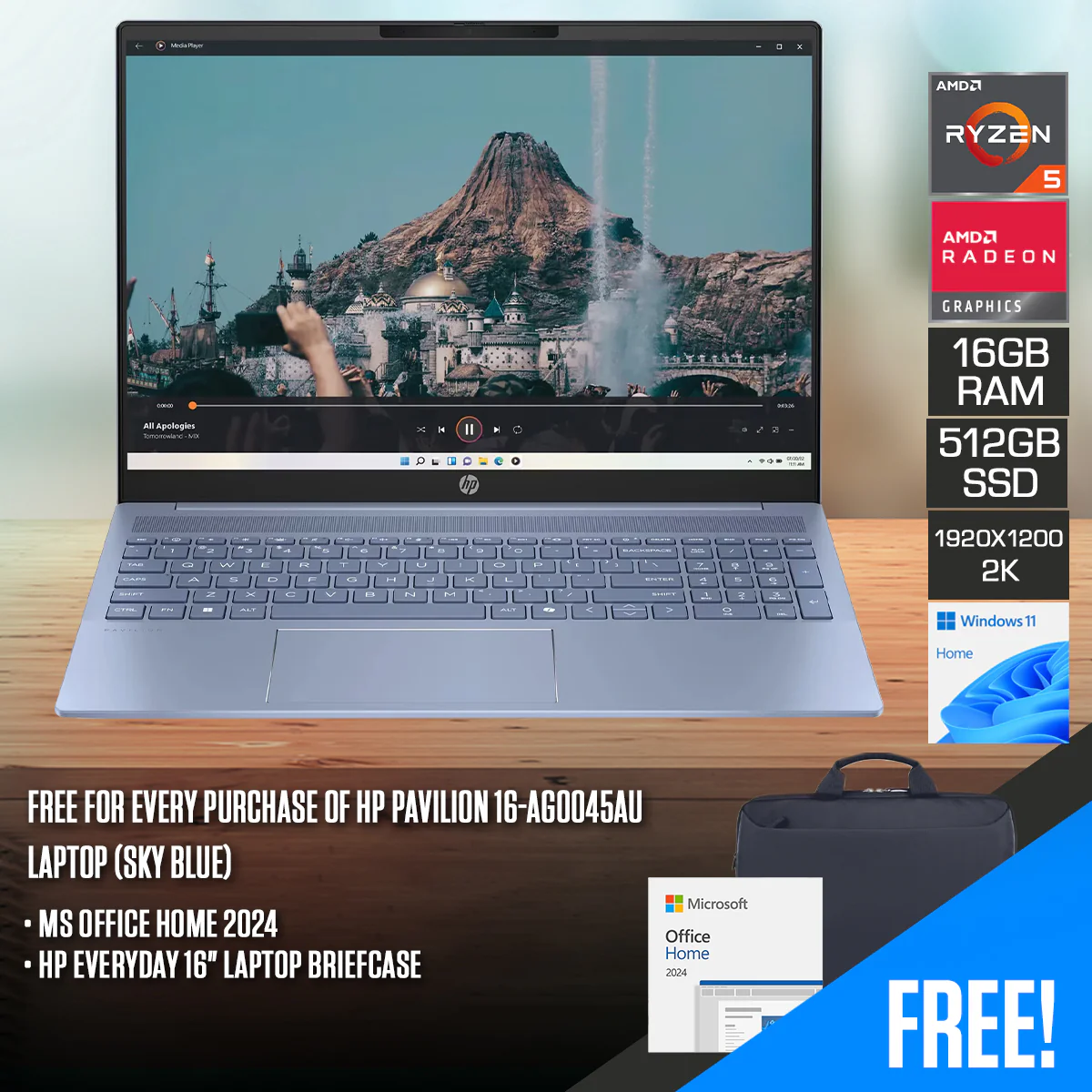 HP Pavilion 16-AG0045AU Laptop (Sky Blue) | 16" 2K (1920x1200) IPS | Ryzen 5 8540U | 16GB RAM | 512GB SSD | AMD Radeon Graphics | Windows 11 Home | MS Office Home 2024 + HP Everyday 16" Laptop Briefcase