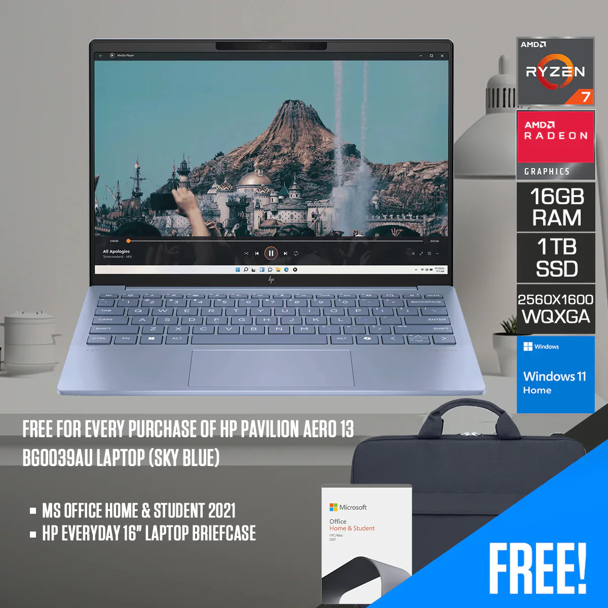 HP Pavilion Aero 13-BG0039AU Laptop (Sky Blue) | 13.3" WQXGA (2560x1600) IPS | Ryzen 7 8840U |  16GB RAM | 1TB SSD | AMD Radeon Integrated Graphics | Windows 11 Home | MS Office Home & Student 2021 + HP Everyday 16" Laptop Briefcase