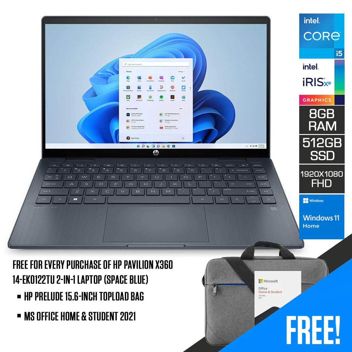 HP Pavilion X360 14-EK0122TU 2-In-1 Laptop (Space Blue) | 14" FHD (1920 x 1080) | i5-1235U | 8GB RAM | 512GB SSD | Intel Iris Xe Graphics | Windows 11 Home | MS Office H&S 2021 | Stylus Pen | HP Prelude 15.6-Inch Topload Bag