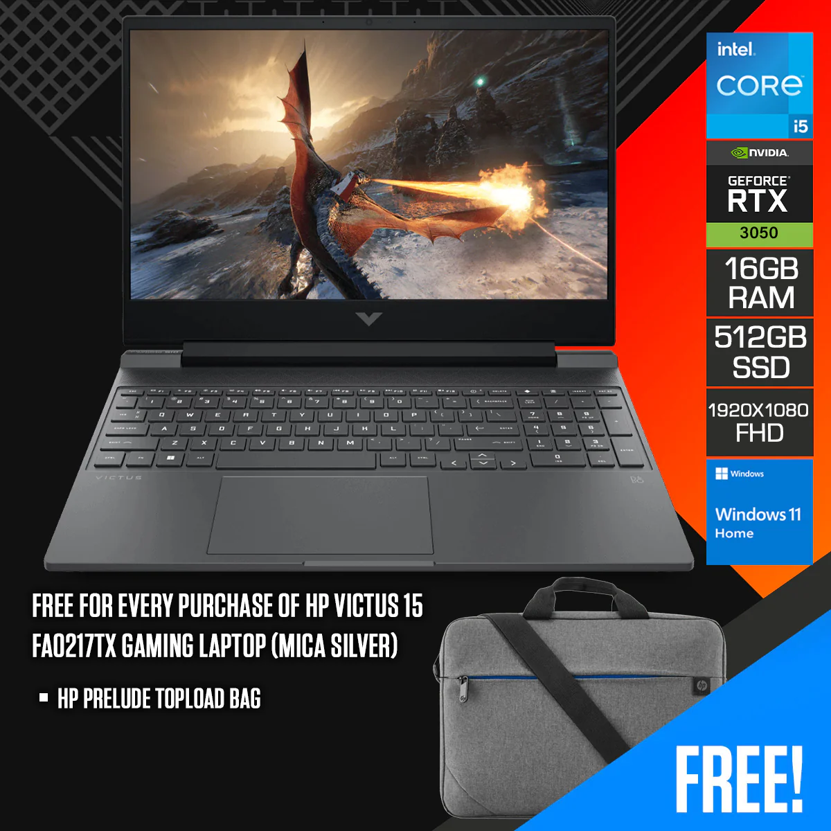 HP Victus 15-FA0217TX Gaming Laptop (Mica Silver) | 15.6" FHD (1920X1080) | i5-12500H | 16GB RAM | 512GB SSD | RTX 3050 | Windows 11 Home | HP Prelude Topload Bag