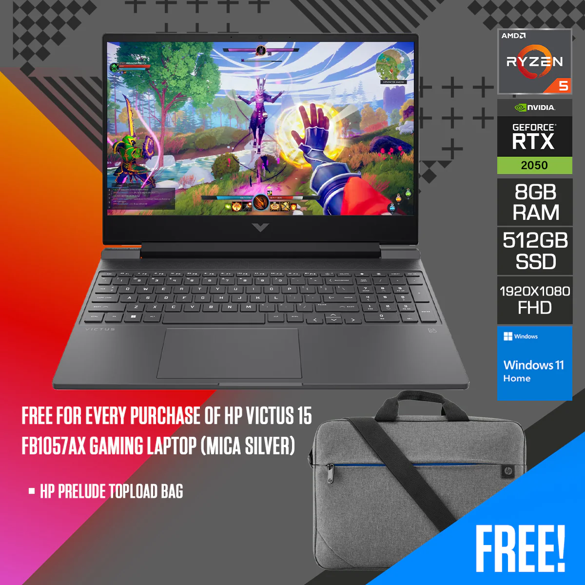 HP Victus 15-FB1057AX Gaming Laptop (Mica Silver) | 15.6" FHD (1920x1080) IPS 144Hz | Ryzen 5 7535HS | 8GB RAM | 512GB SSD | RTX 2050 | Windows 11 Home | HP Prelude Topload Bag