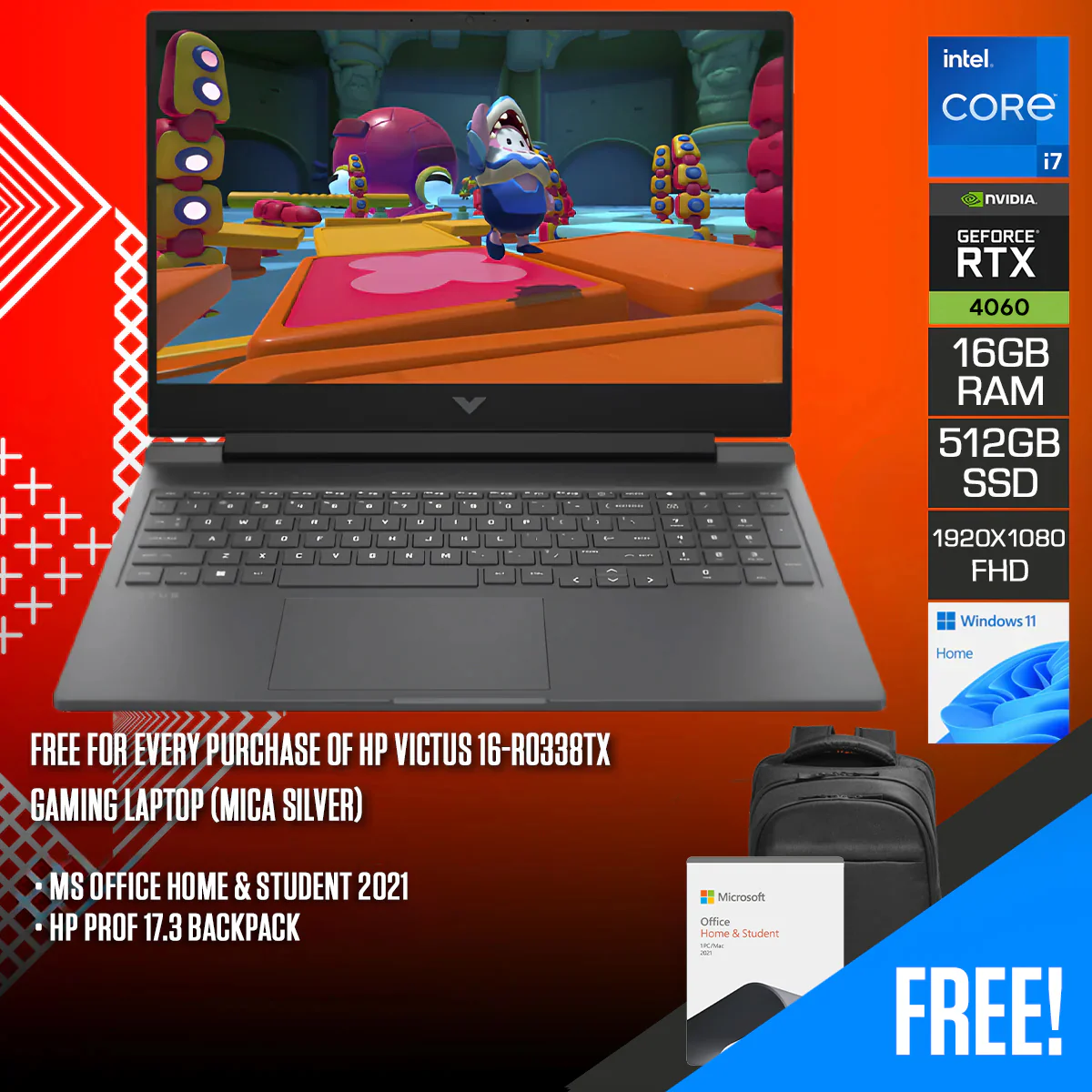 HP Victus 16-R0338TX Gaming Laptop (Mica Silver) | 16.1" FHD (1920x1080) IPS 165Hz | i7-13700HX | 16GB RAM | 512GB SSD | RTX 4060 | Windows 11 Home | MS Office Home & Student 2021 + HP Prof 17.3 Backpack