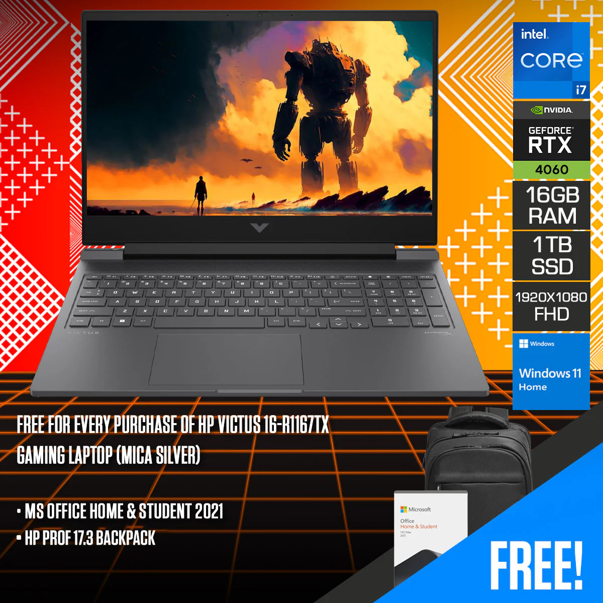 HP Victus 16-R1167TX Gaming Laptop (Mica Silver) | 16.1" FHD (1920x1080) 144Hz IPS | i7-14650HX | 16GB RAM | 1TB SSD | RTX 4060 | Windows 11 Home | MS Office Home & Student 2021 | HP Prof 17.3 Backpack