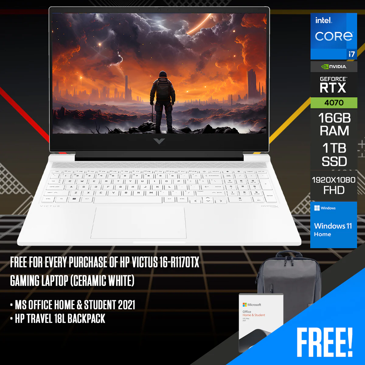 HP Victus 16-R1170TX Gaming Laptop (Ceramic White) | 16.1" FHD (1920x1080) 144Hz IPS | i7-14650HX | 16GB RAM | 1TB SSD | RTX 4070 | Windows 11 Home | MS Office Home & Student 2021 + HP Travel 18L Backpack