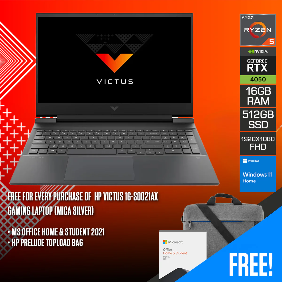 HP Victus 16-S0021AX Gaming Laptop (Mica Silver) | 16.1" FHD (1920x1080) | 144Hz IPS | Ryzen 5 7640HS | 16GB RAM | 512GB SSD | RTX 4050 | Windows 11 Home | MS Office Home & Student 2021 | HP Prelude Topload Bag