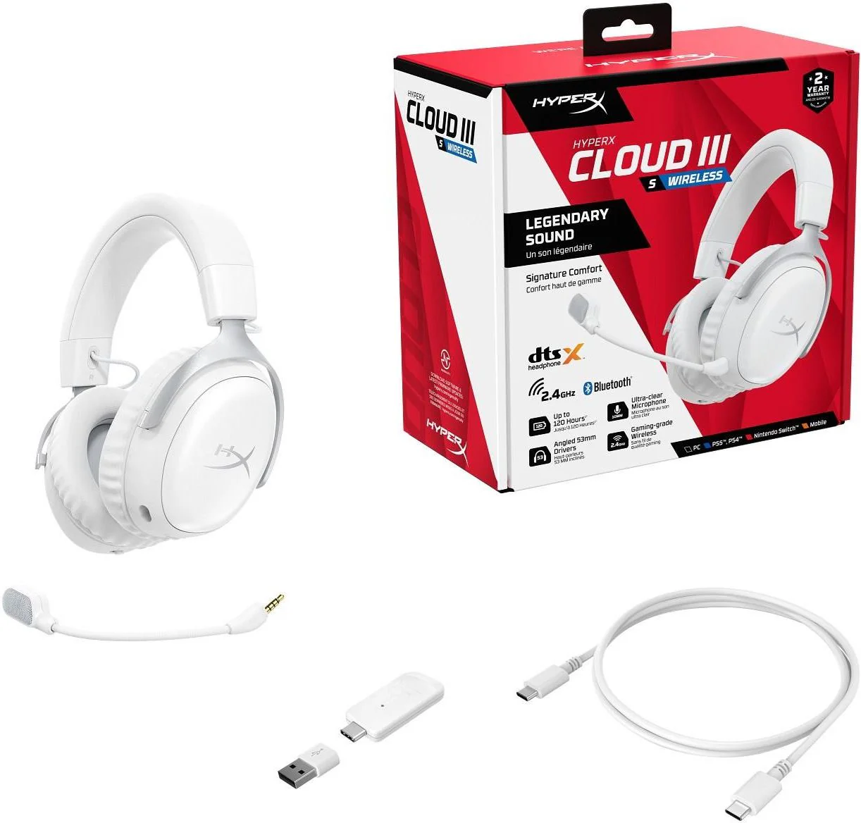HyperX Cloud III S Wireless Gaming Headset for PC/PS5/PS4/N-Switch/Mobile (White) (AX6G1AA) - Image 6
