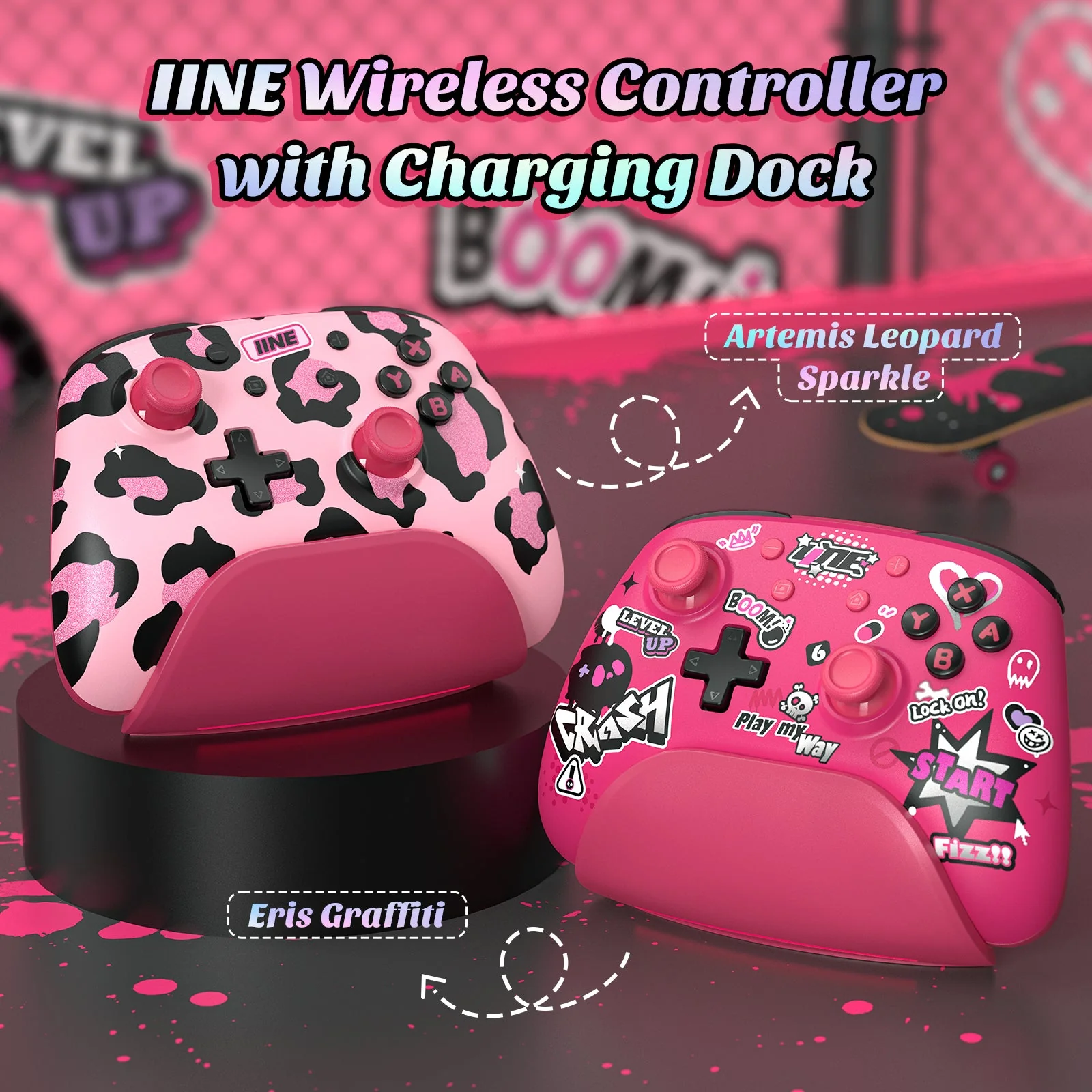 IINE Artemis Leopard Sparkle Wireless Controller with Charging Dock for Nintendo Switch (Pink) (L1021) - Image 2