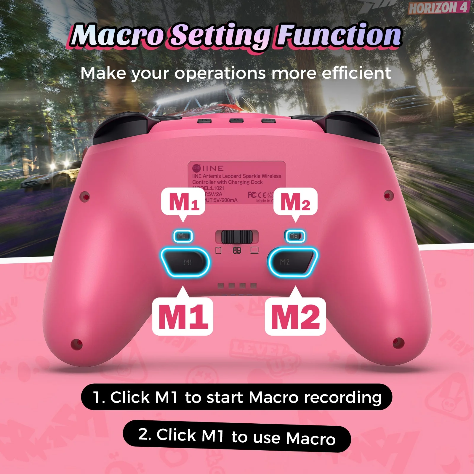 IINE Artemis Leopard Sparkle Wireless Controller with Charging Dock for Nintendo Switch (Pink) (L1021) - Image 3