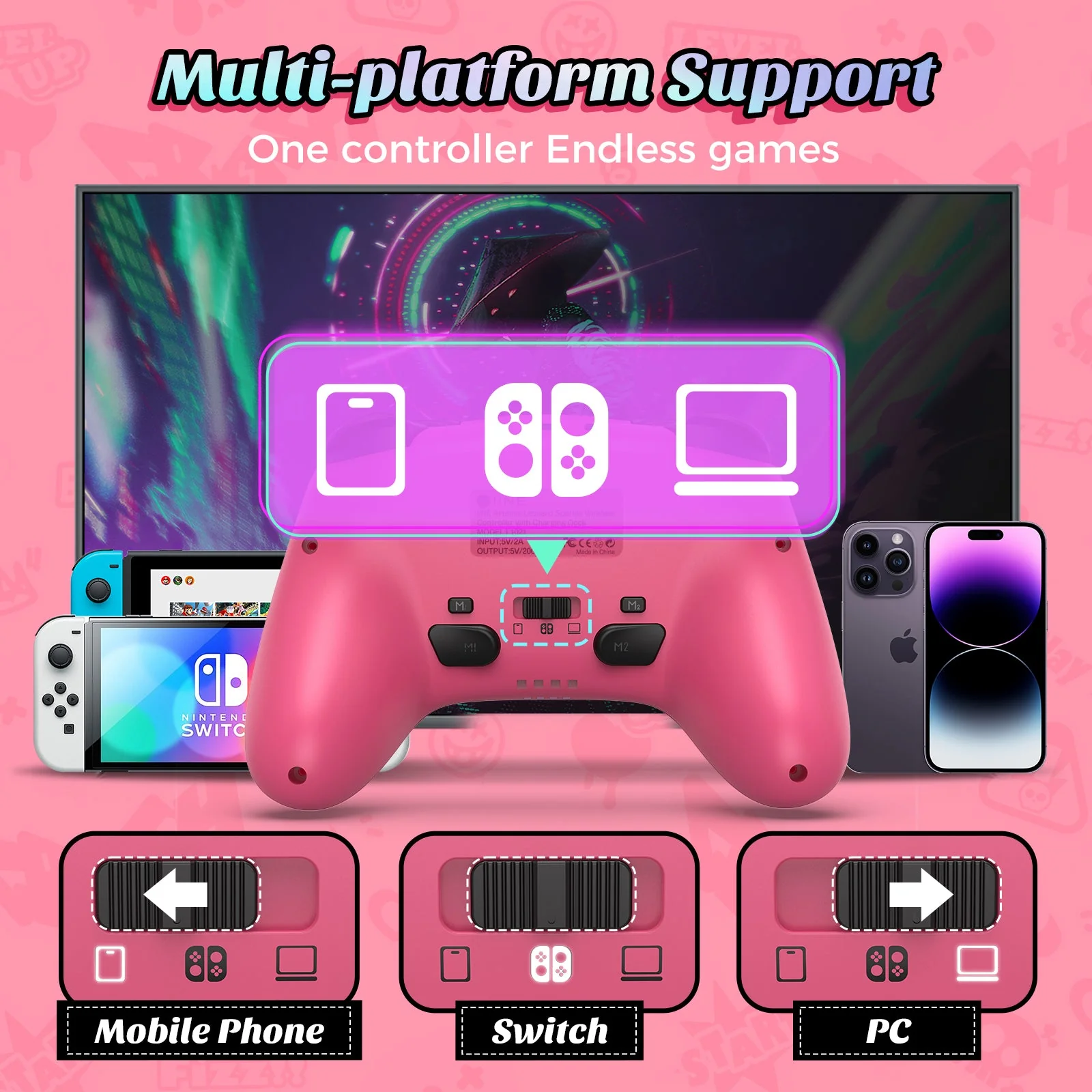 IINE Artemis Leopard Sparkle Wireless Controller with Charging Dock for Nintendo Switch (Pink) (L1021) - Image 5