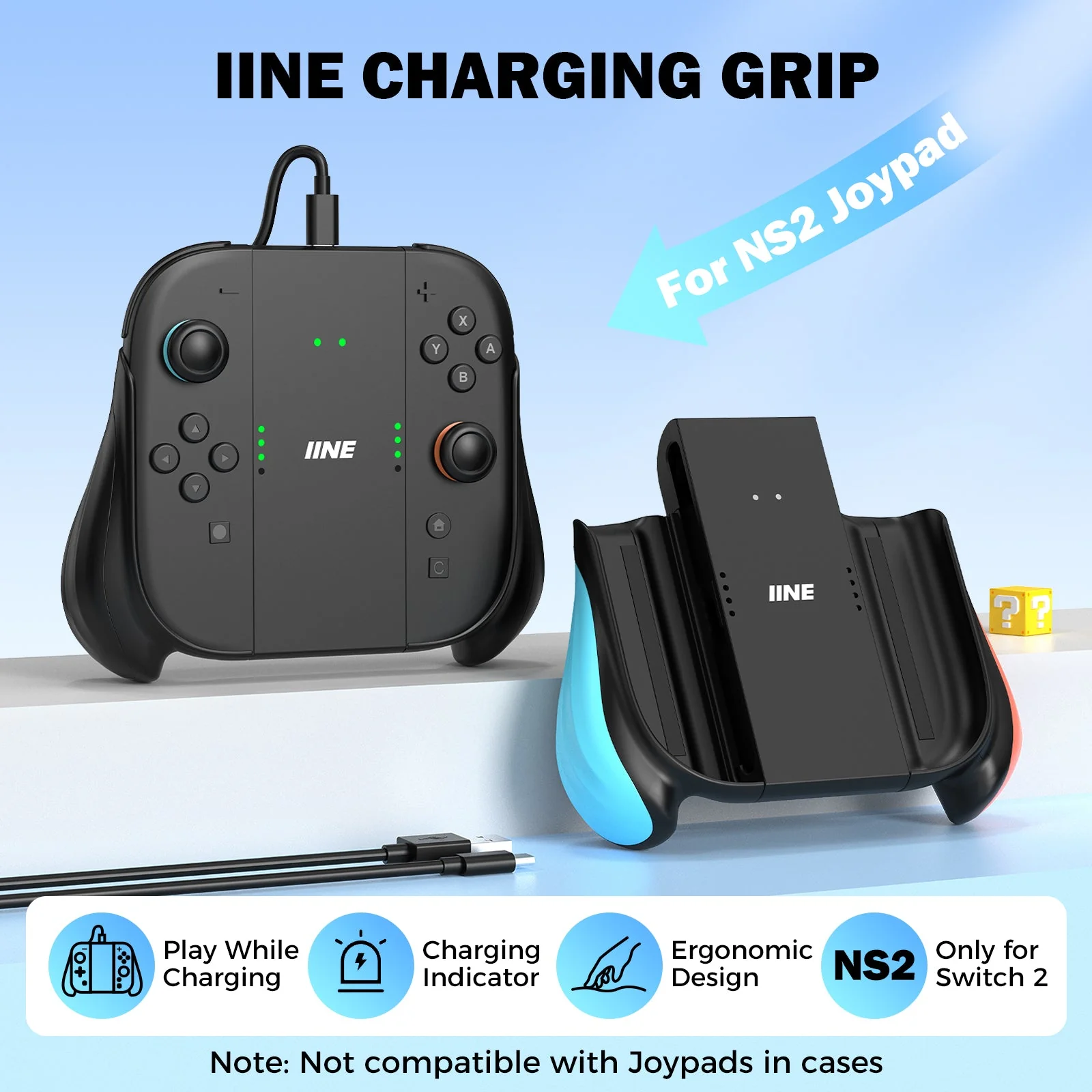 IINE Charging Grip for Nintendo Switch 2 (Black, Blue/Orange) - Image 3