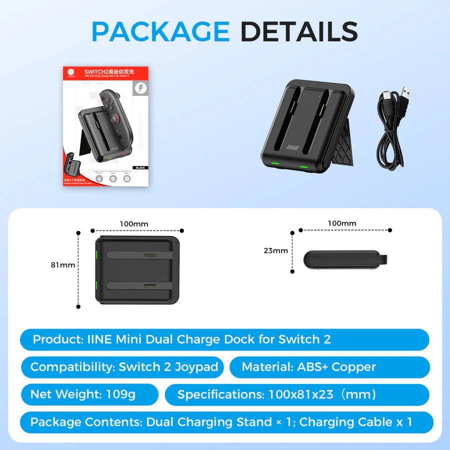IINE Mini Dual Charge Dock for Nintendo Switch 2 (Black) (L1105) - Image 8