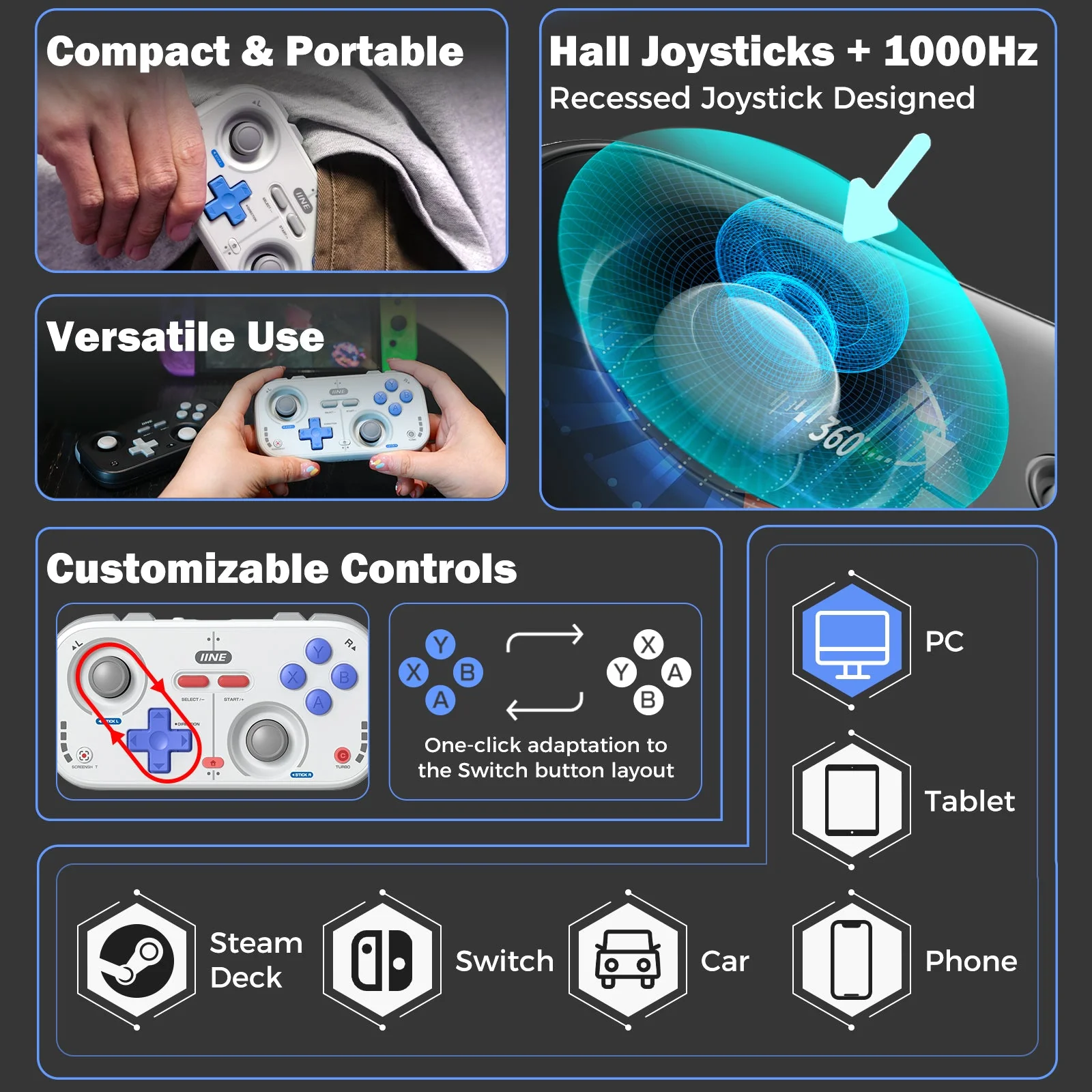IINE Palm-Sized Retro Chronos Controller (Vintage Grey, Classic Black) (L1031, L1032) - Image 3